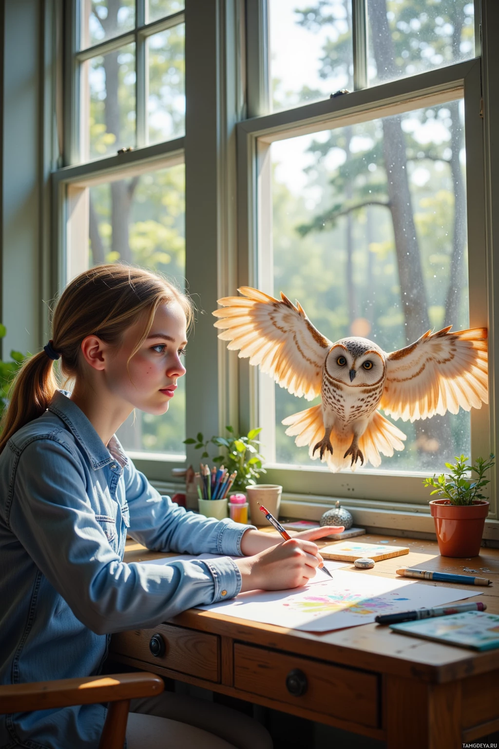 A girl sits at a desk by a window, drawing with an owl flying in the air.