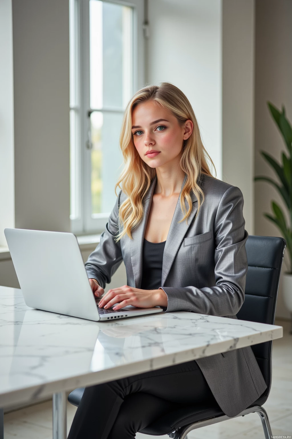 A woman in a professional setting is seated at a desk, working on a laptop.