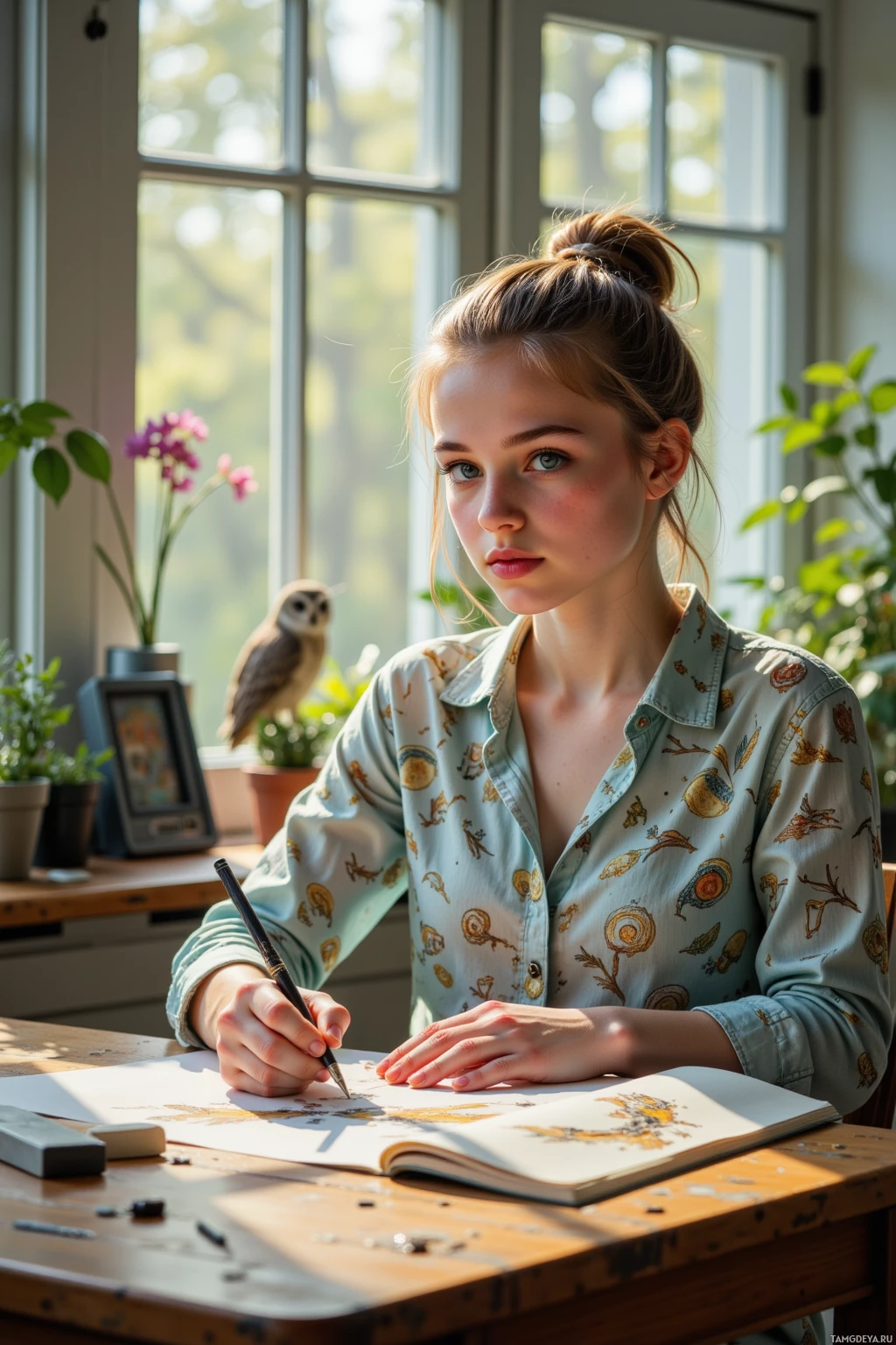 A person is drawing at a desk with a window in the background.