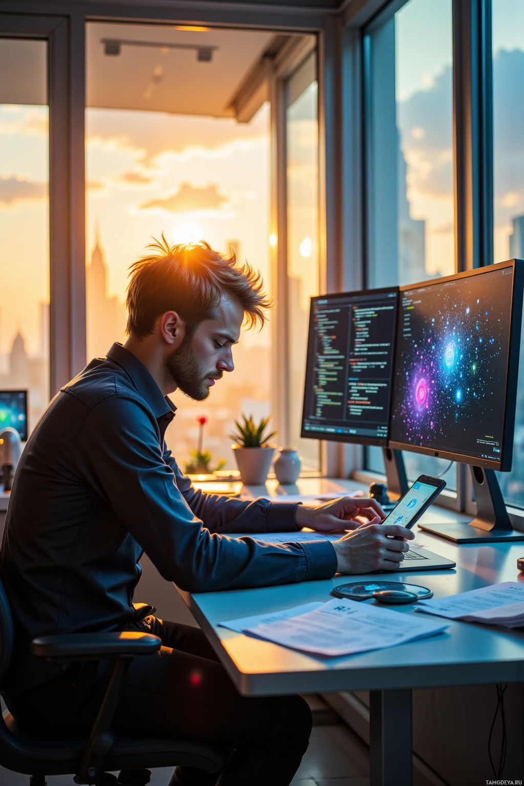A person works at a desk with multiple monitors, one displaying code, against a backdrop of a sunset.
