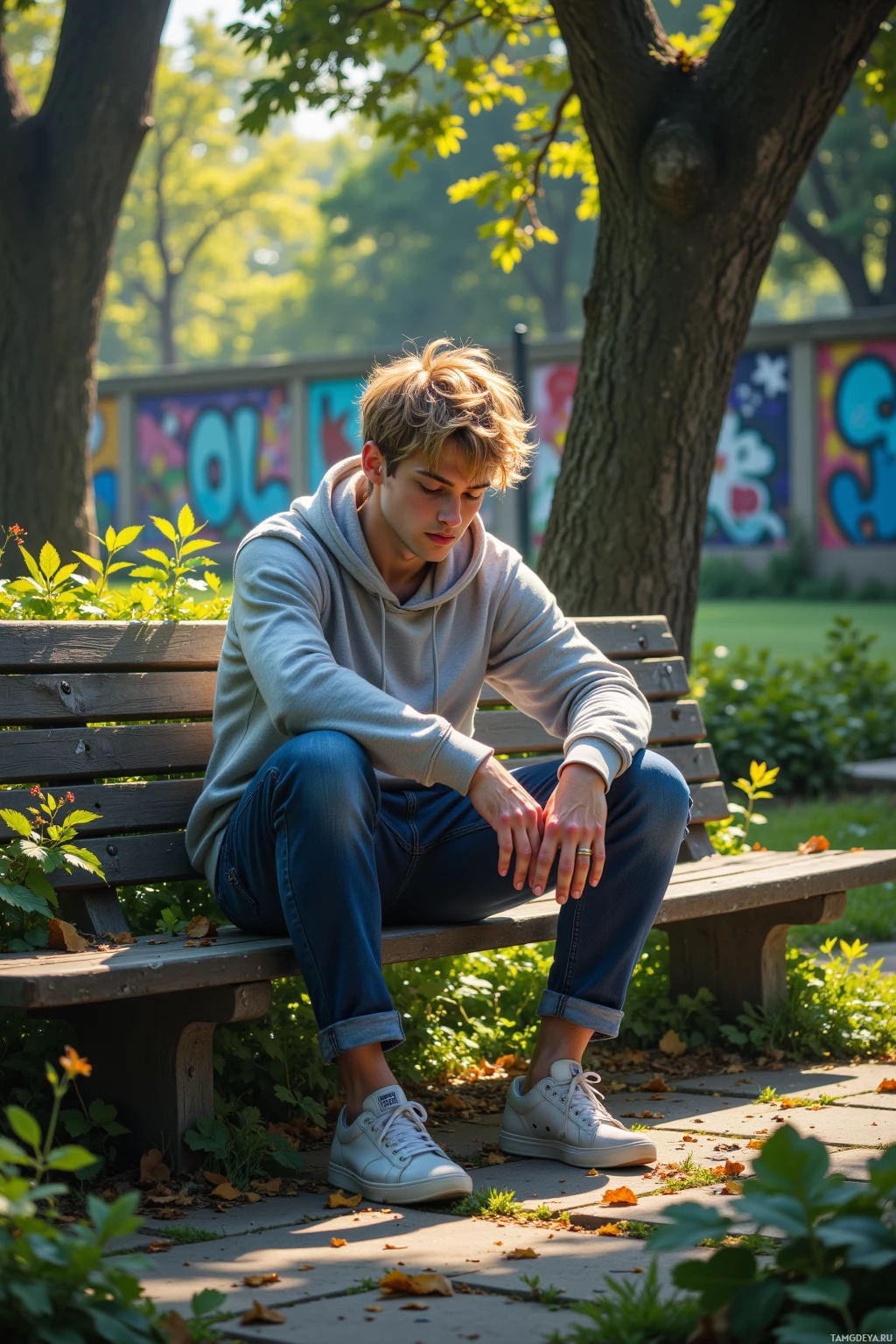 A person sits on a bench in a park, wearing a hoodie and jeans, with a tree and colorful graffiti in the background.