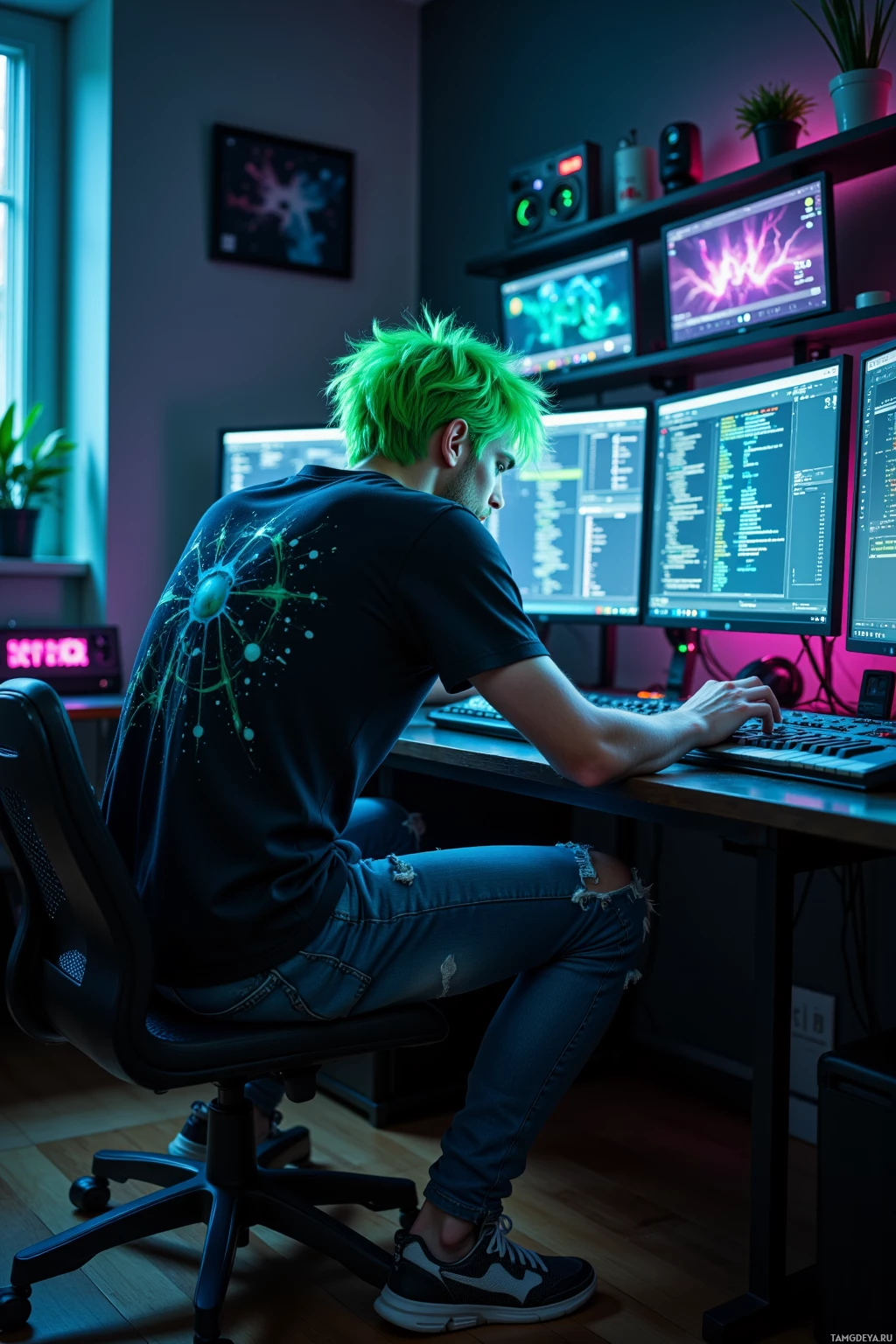 A person with green hair sits at a desk with multiple monitors displaying code, wearing a black t-shirt and ripped jeans.