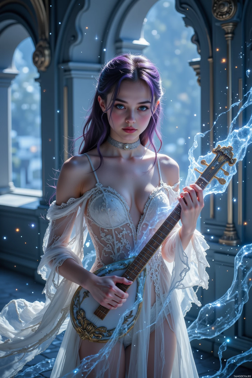 A woman in a white lace dress holds a glowing guitar in a grand, ornate room.