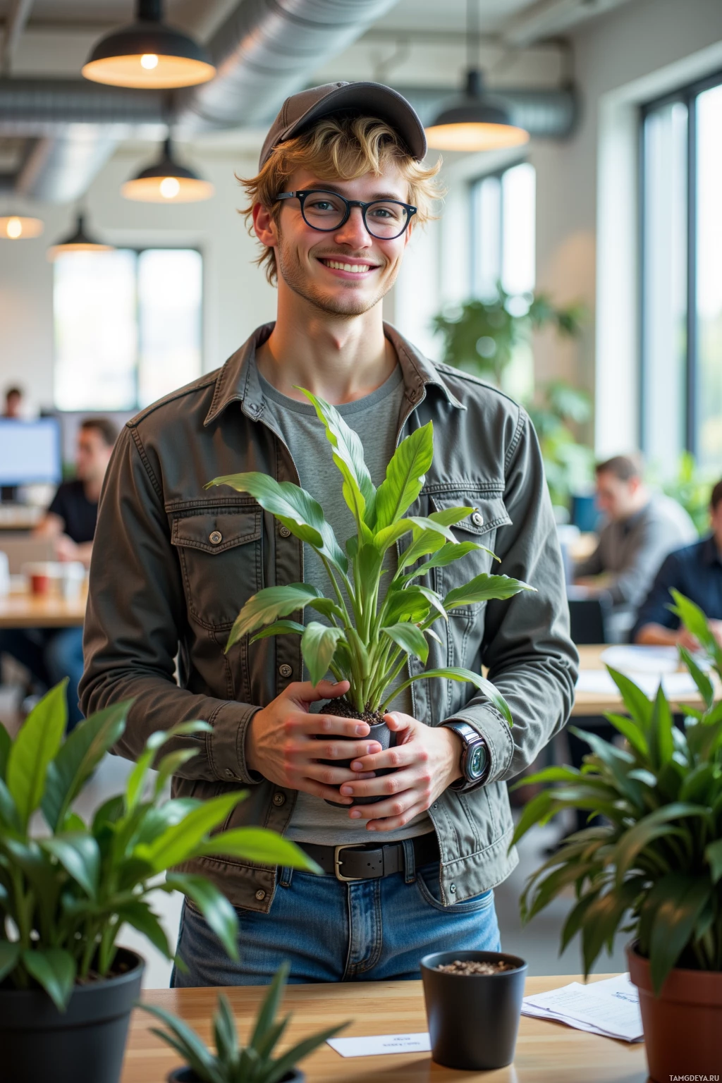 A person in a casual outfit holds a potted plant in a modern office setting.