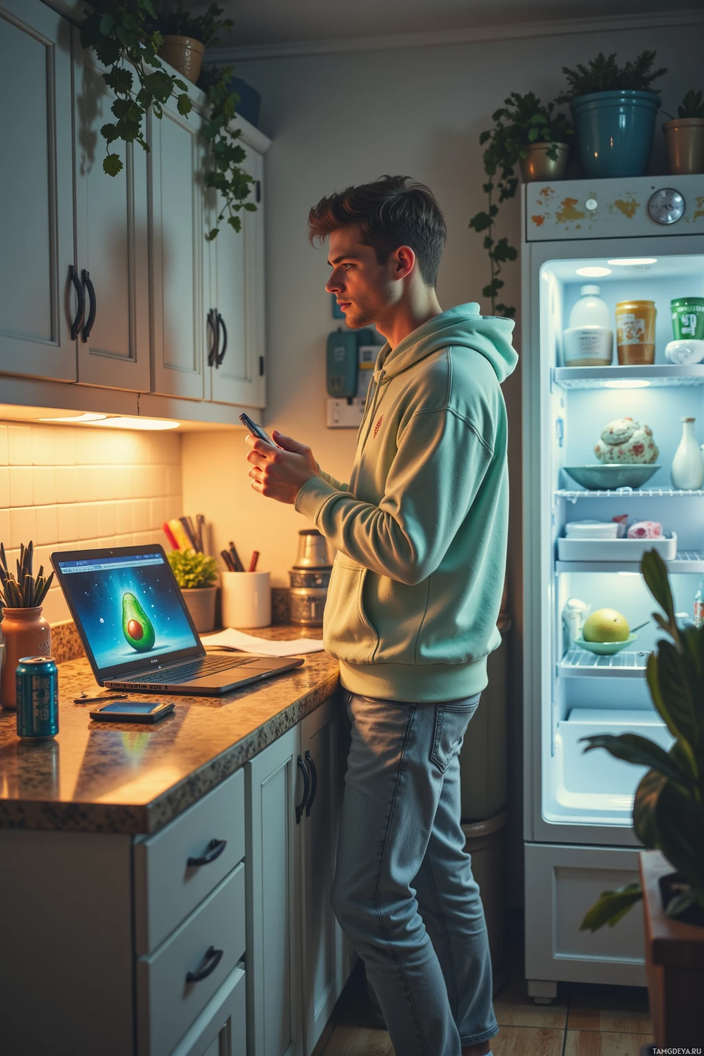 A person stands in a kitchen, holding a phone and looking at a laptop displaying an avocado image.