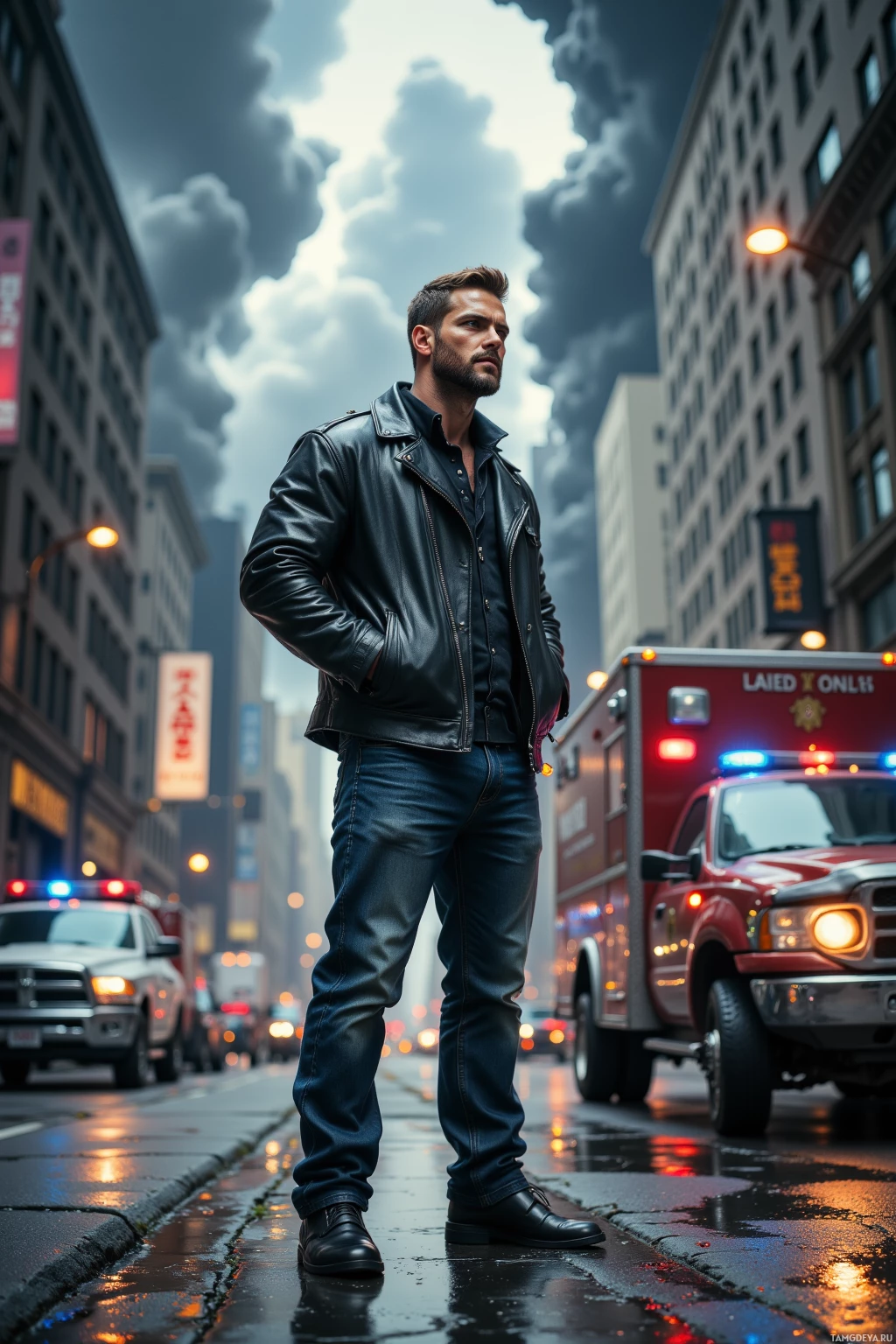 A man in a leather jacket stands on a wet city street with emergency vehicles in the background.