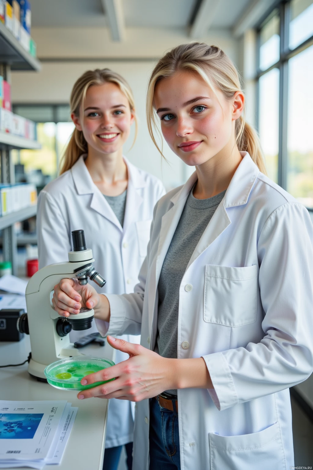 Two individuals in lab coats are working in a laboratory setting.