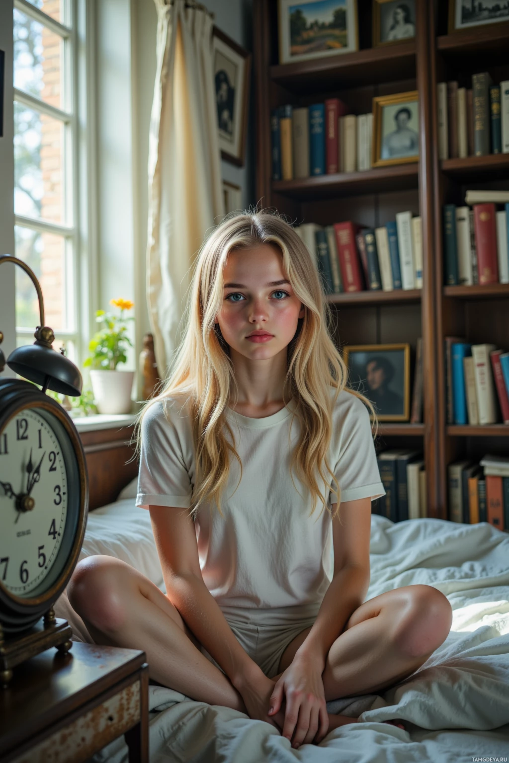 A young woman with long blonde hair sits on a bed in a room with a bookshelf and a window.