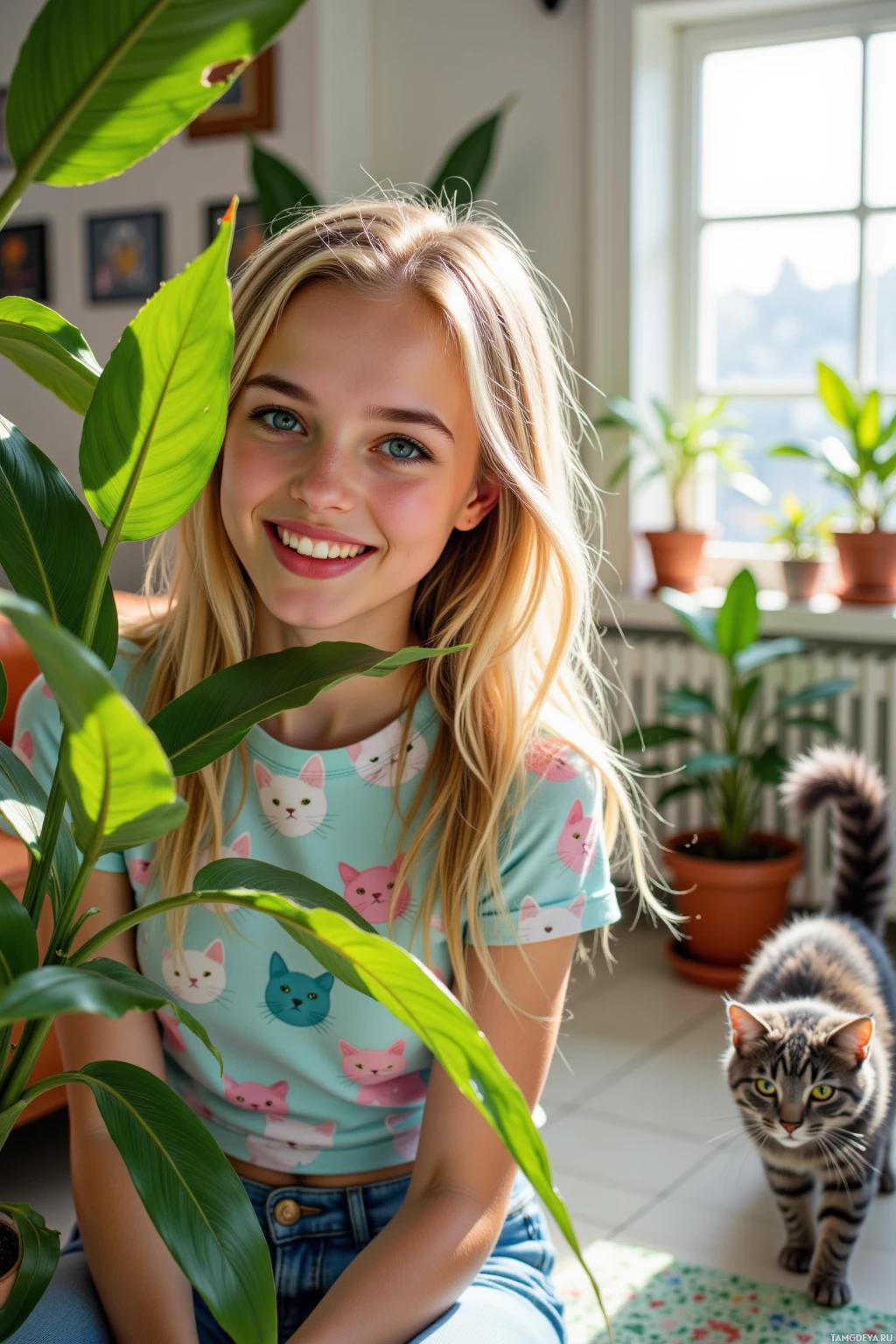 A young person with long blonde hair smiles while sitting near a large green leafy plant with a cat-patterned shirt and a cat in the background.