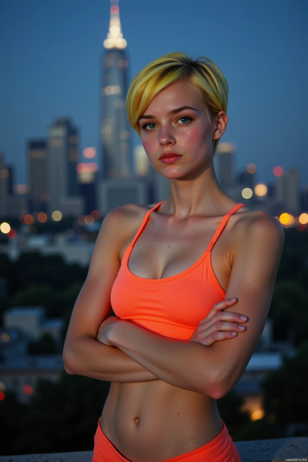 A person in an orange sports bra stands with arms crossed against a cityscape backdrop.