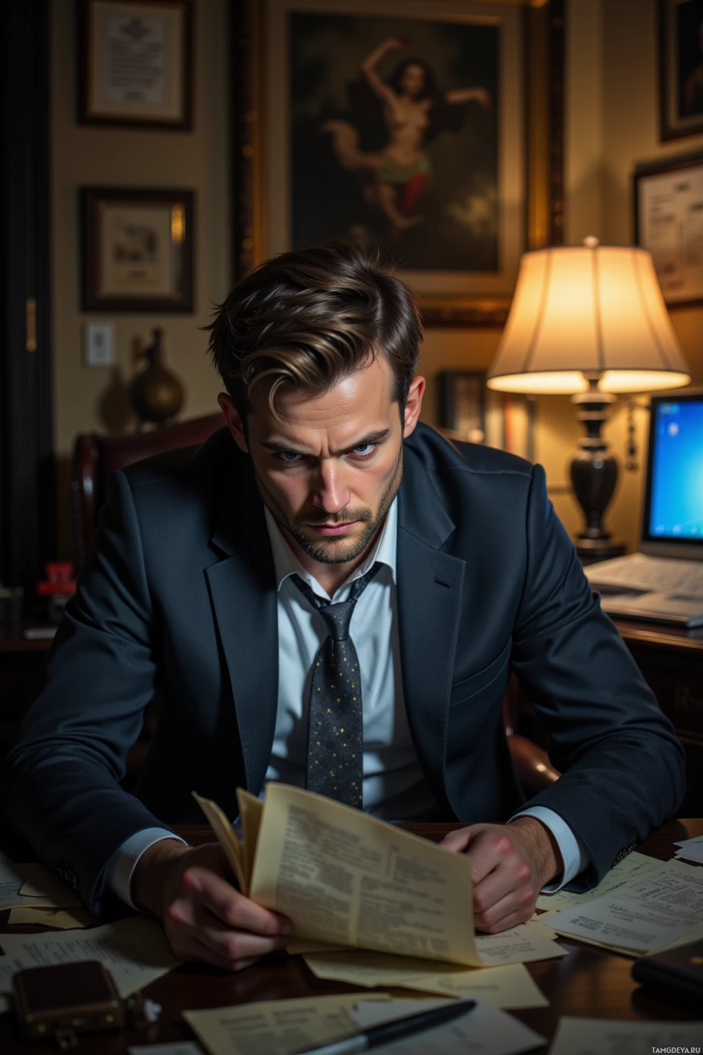 A man in a suit sits at a desk, reading documents in a dimly lit office.