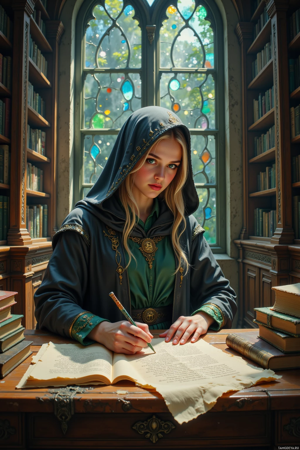 A person in a hooded robe sits at a desk in a library, writing in a book.