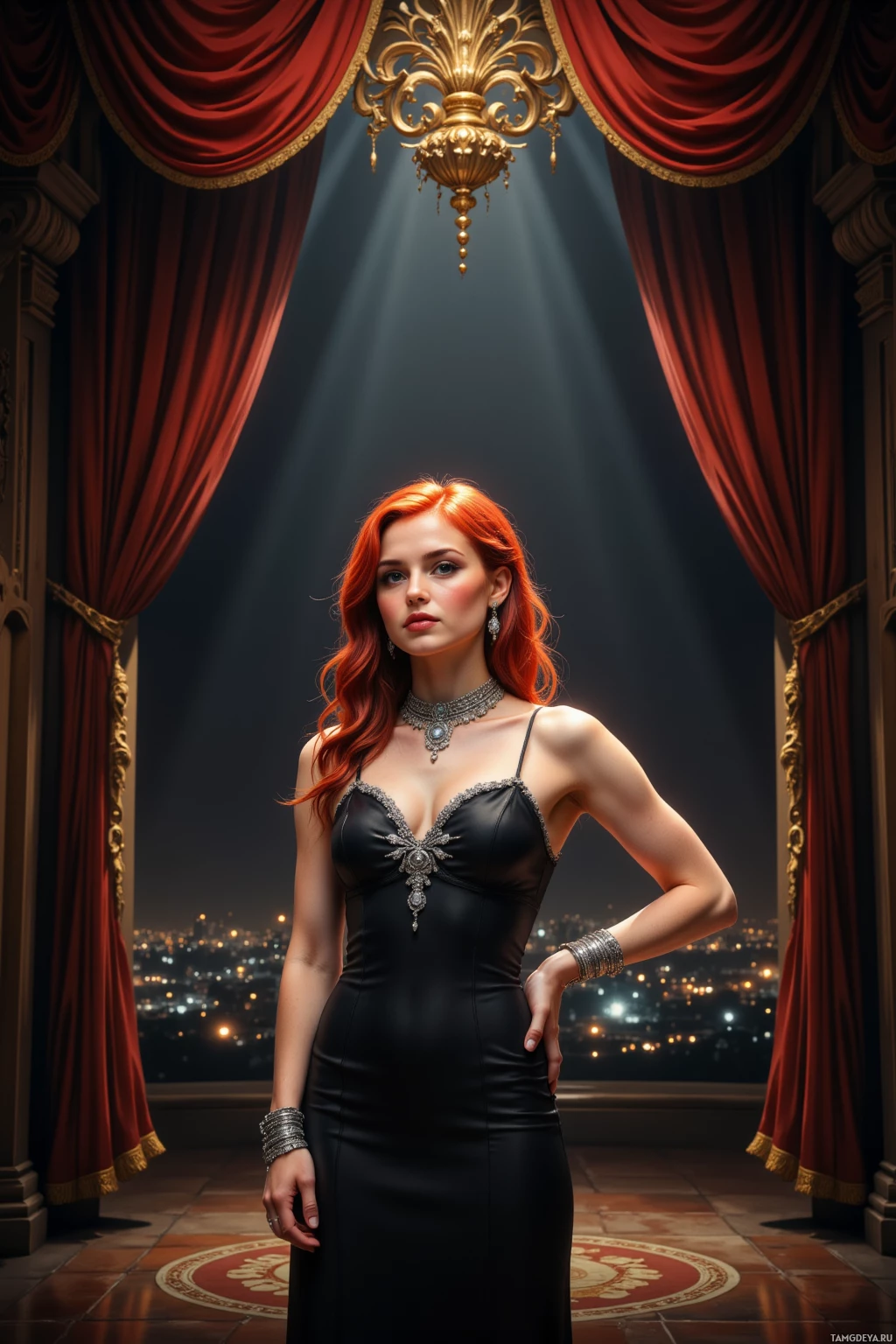 A woman in a black dress stands in a grand room with red curtains and a chandelier.