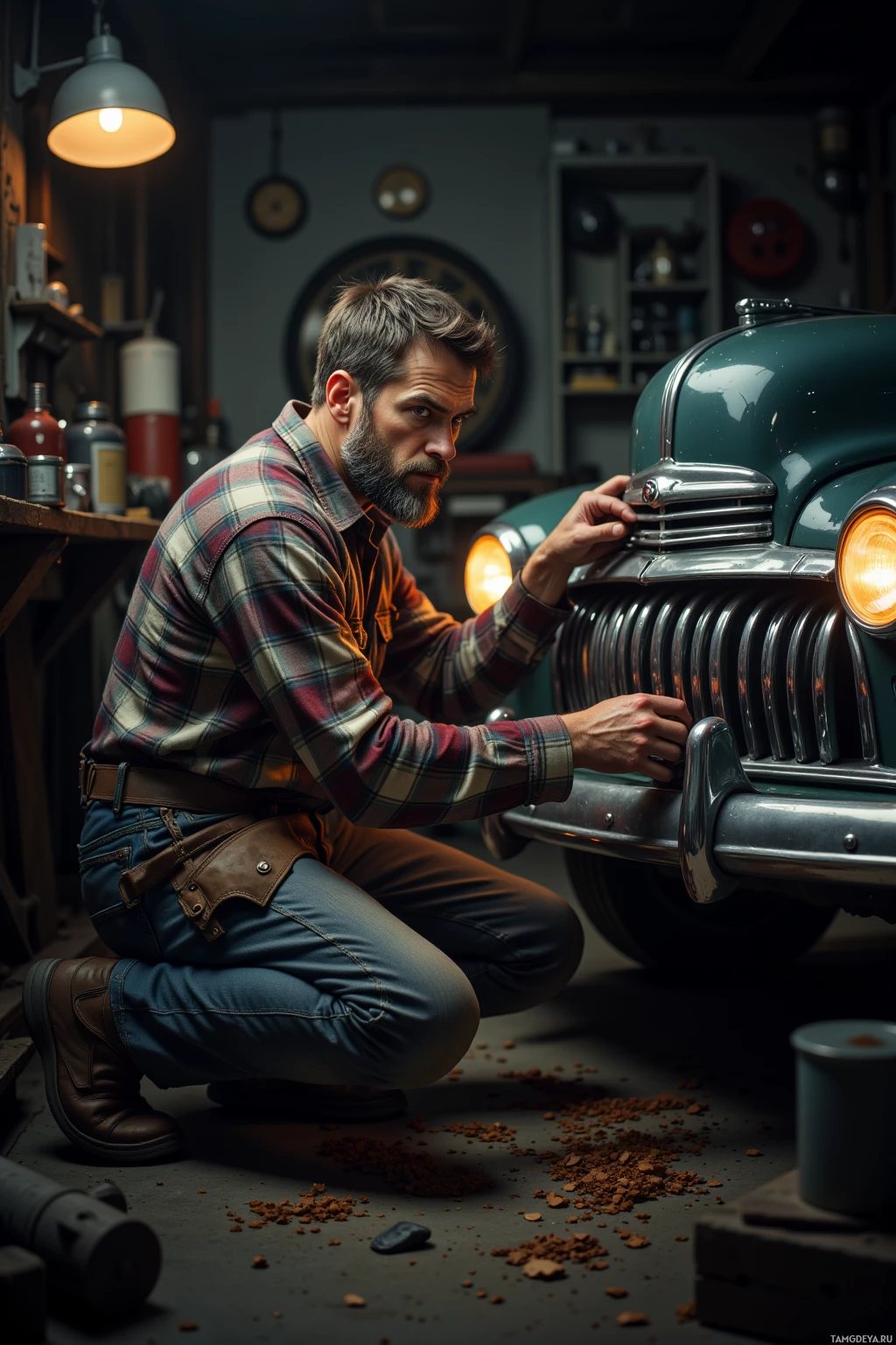 A man in a plaid shirt works on a vintage car in a garage.