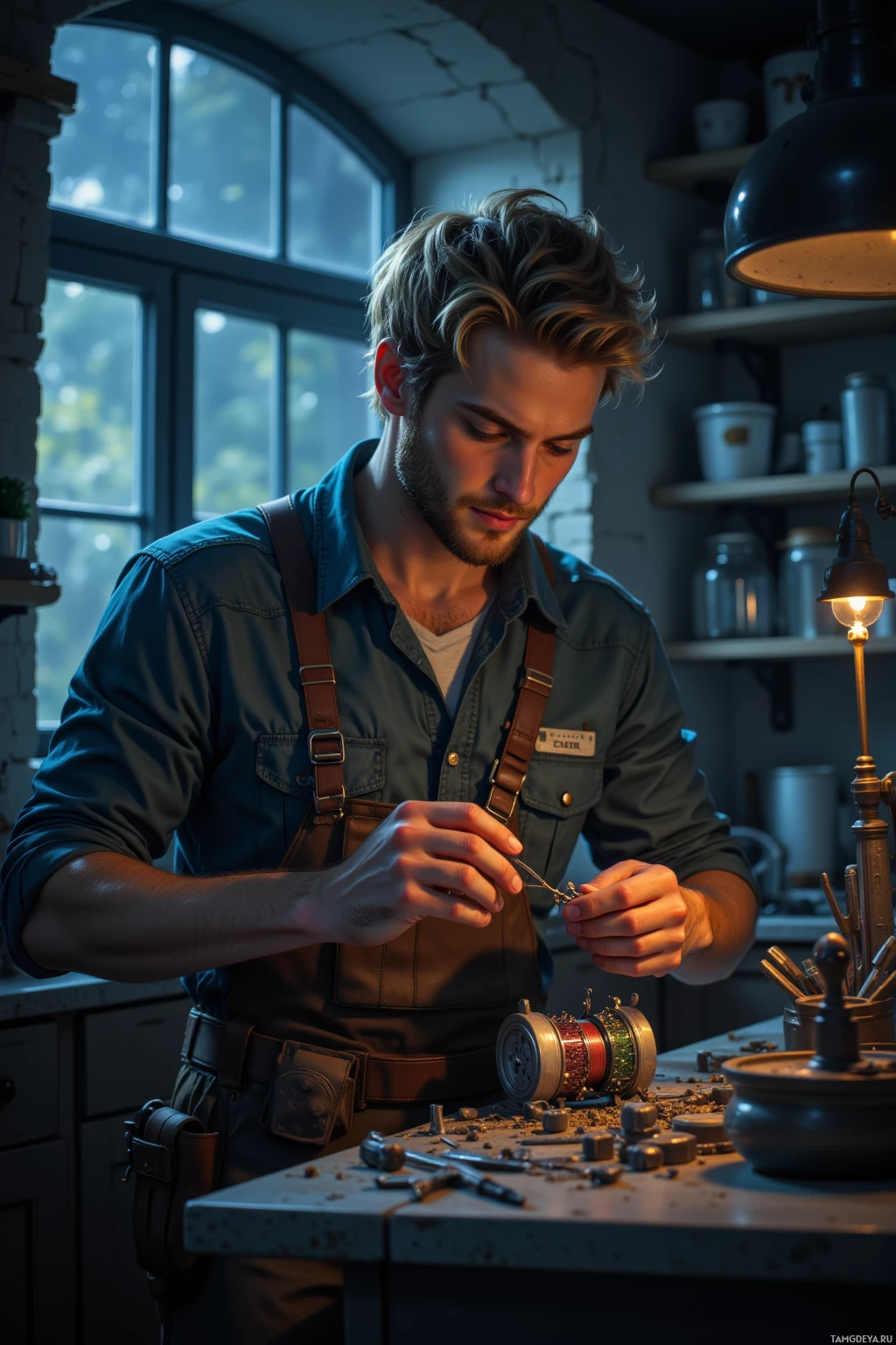 A man in a workshop is carefully assembling or repairing a small mechanical device.