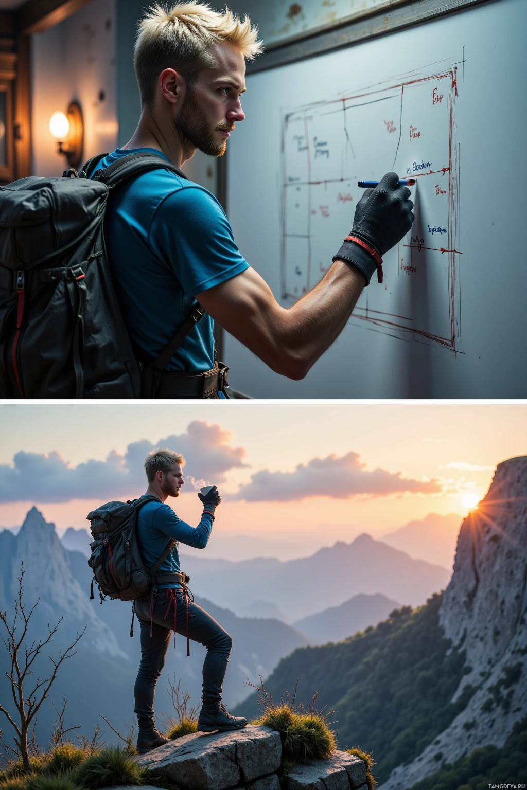 A man with a backpack stands on a rocky outcrop overlooking a mountainous landscape at sunset.
