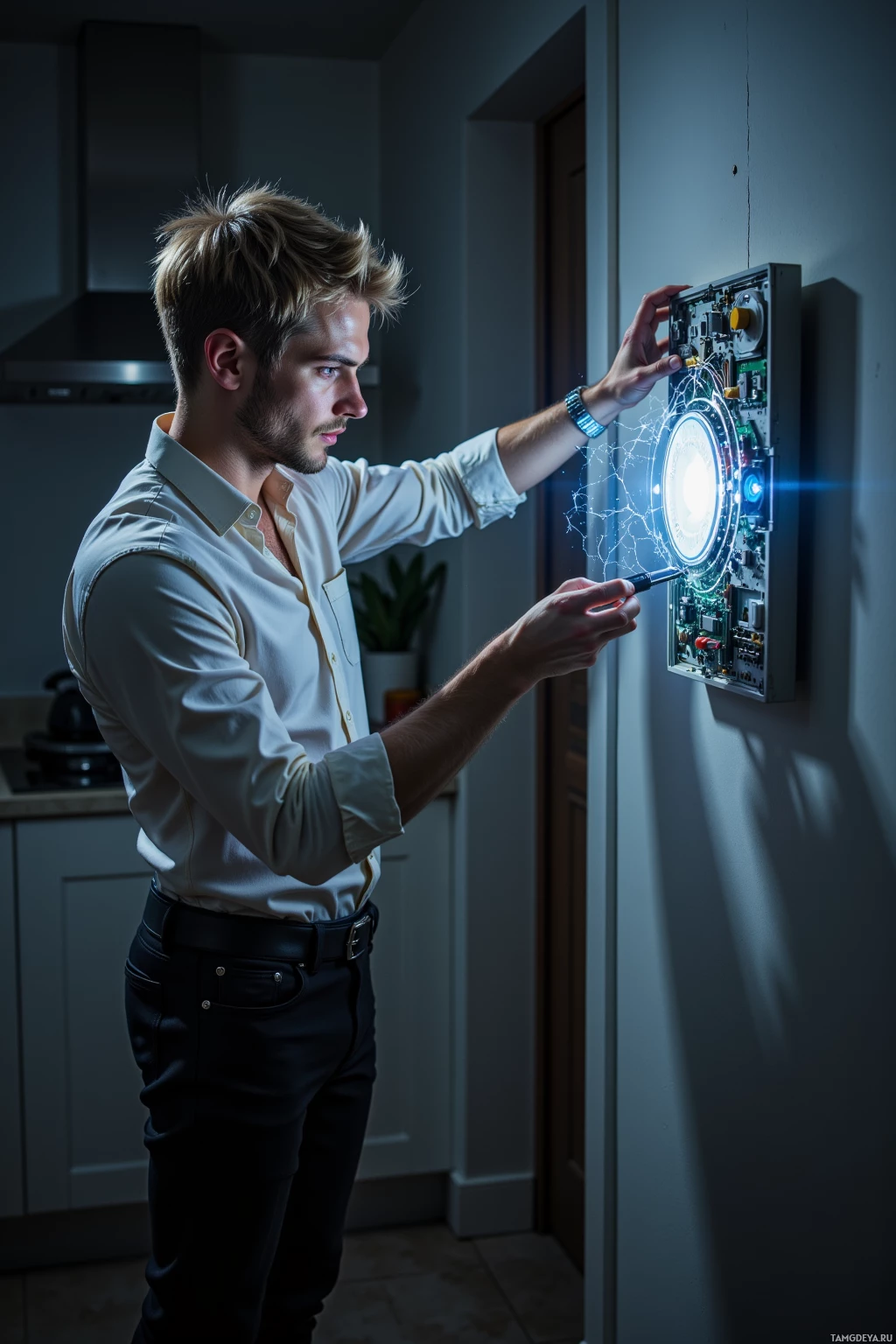 A man in a white shirt interacts with a glowing, futuristic device mounted on a wall.