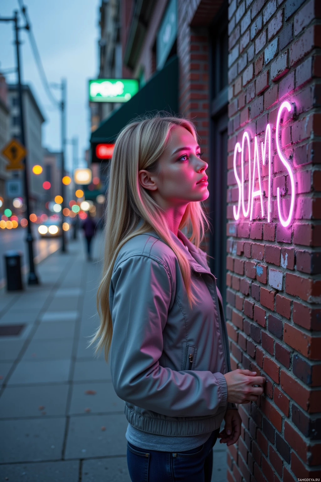 A person stands near a brick wall with a neon sign, in an urban setting at dusk.