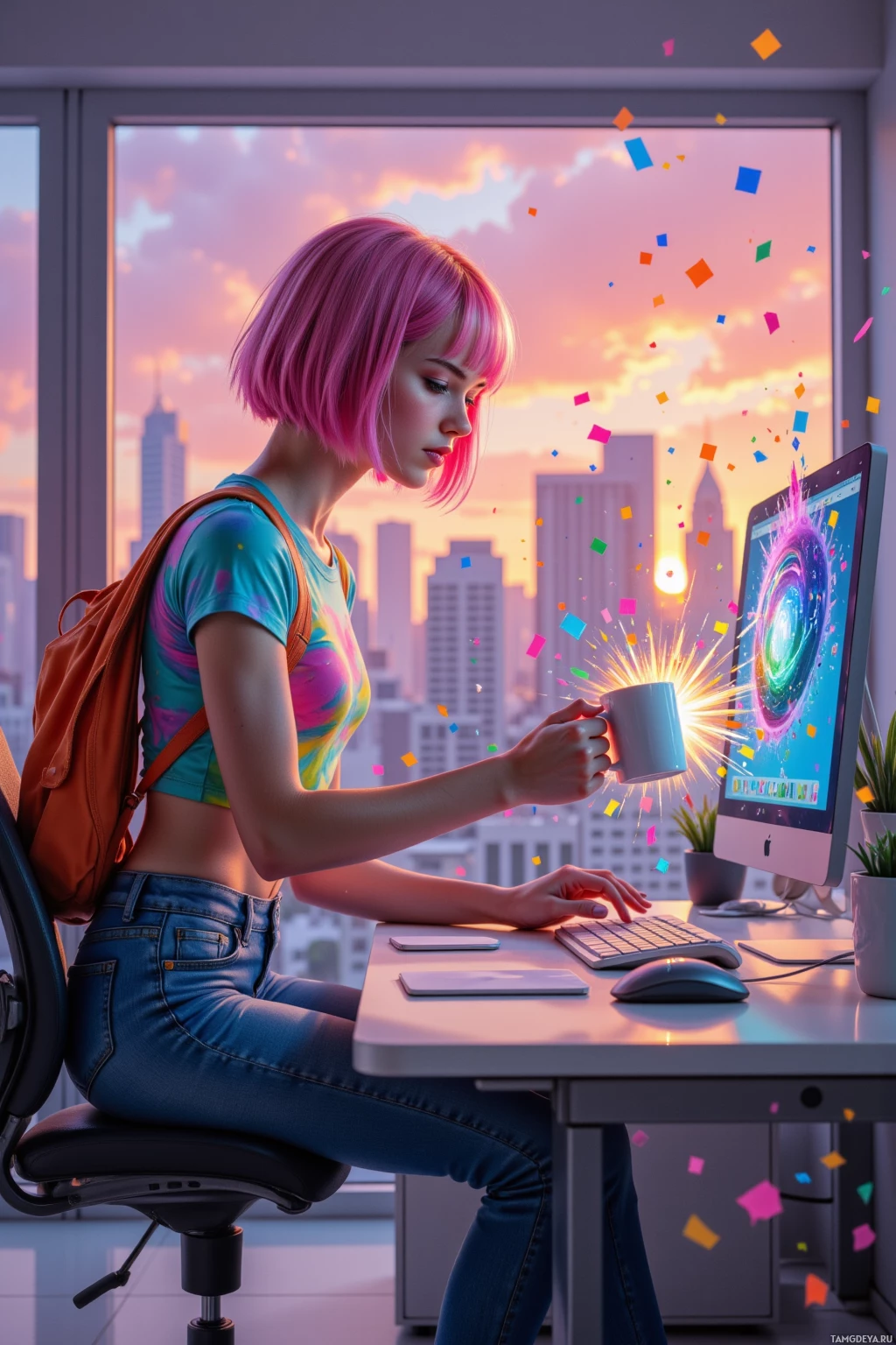 A person with pink hair sits at a desk, working on a computer with colorful confetti floating around.
