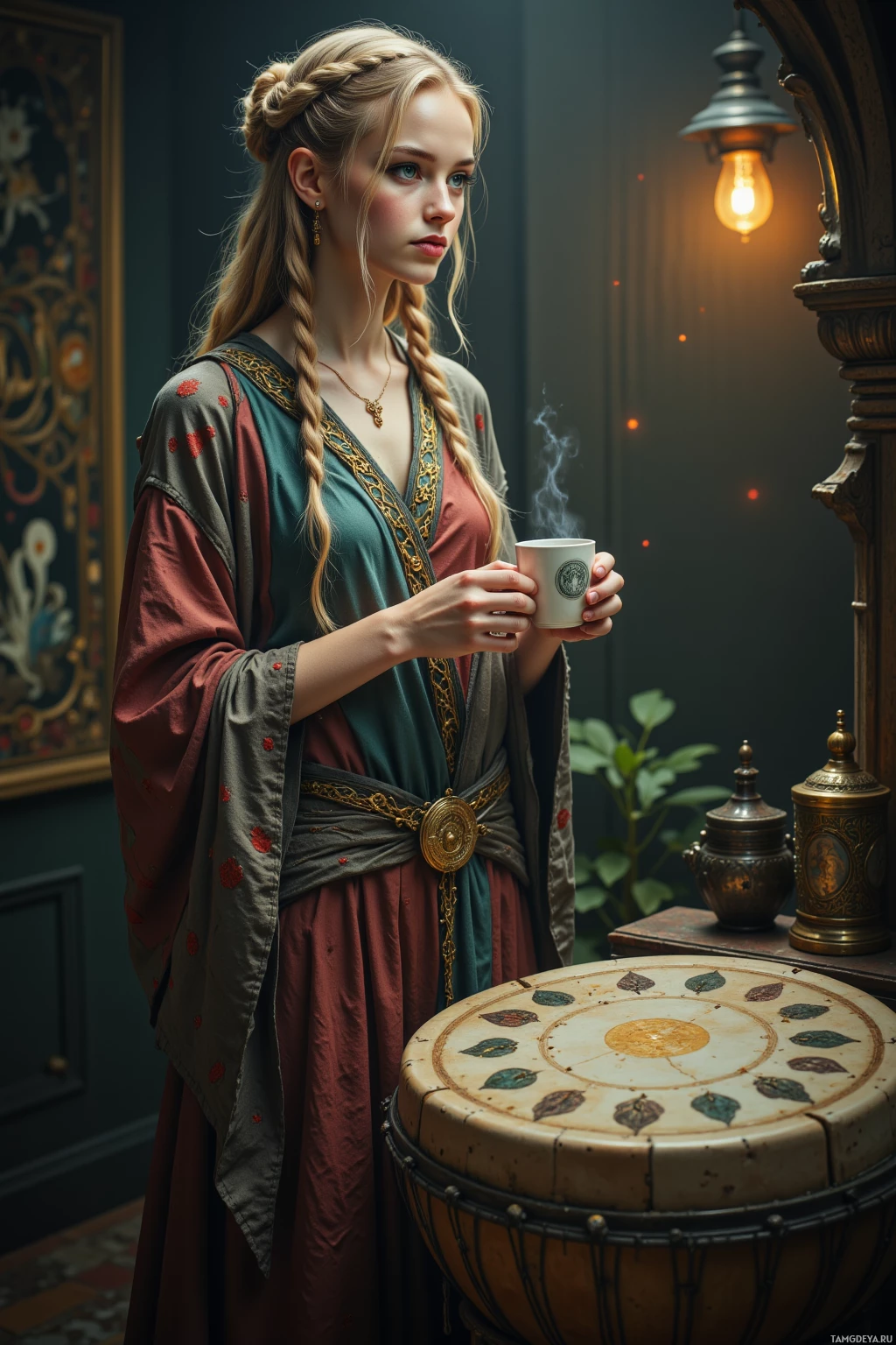 A woman in a medieval-style dress holds a steaming cup, standing beside a drum-like object in a dimly lit room.