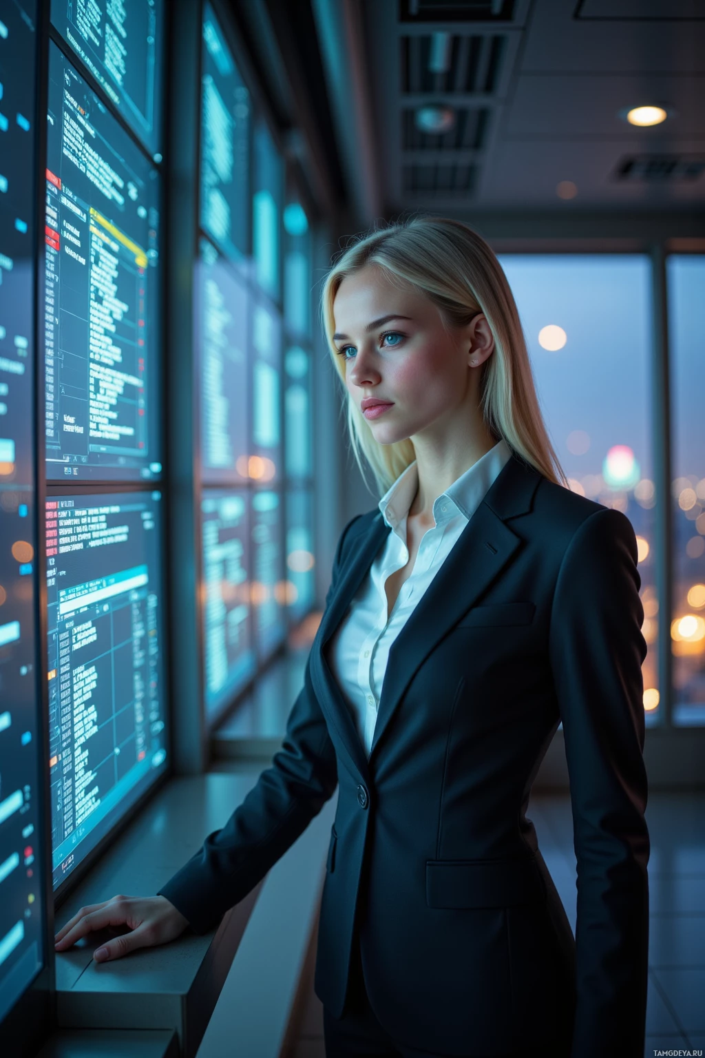 A woman in a business suit stands in front of a large screen displaying code.