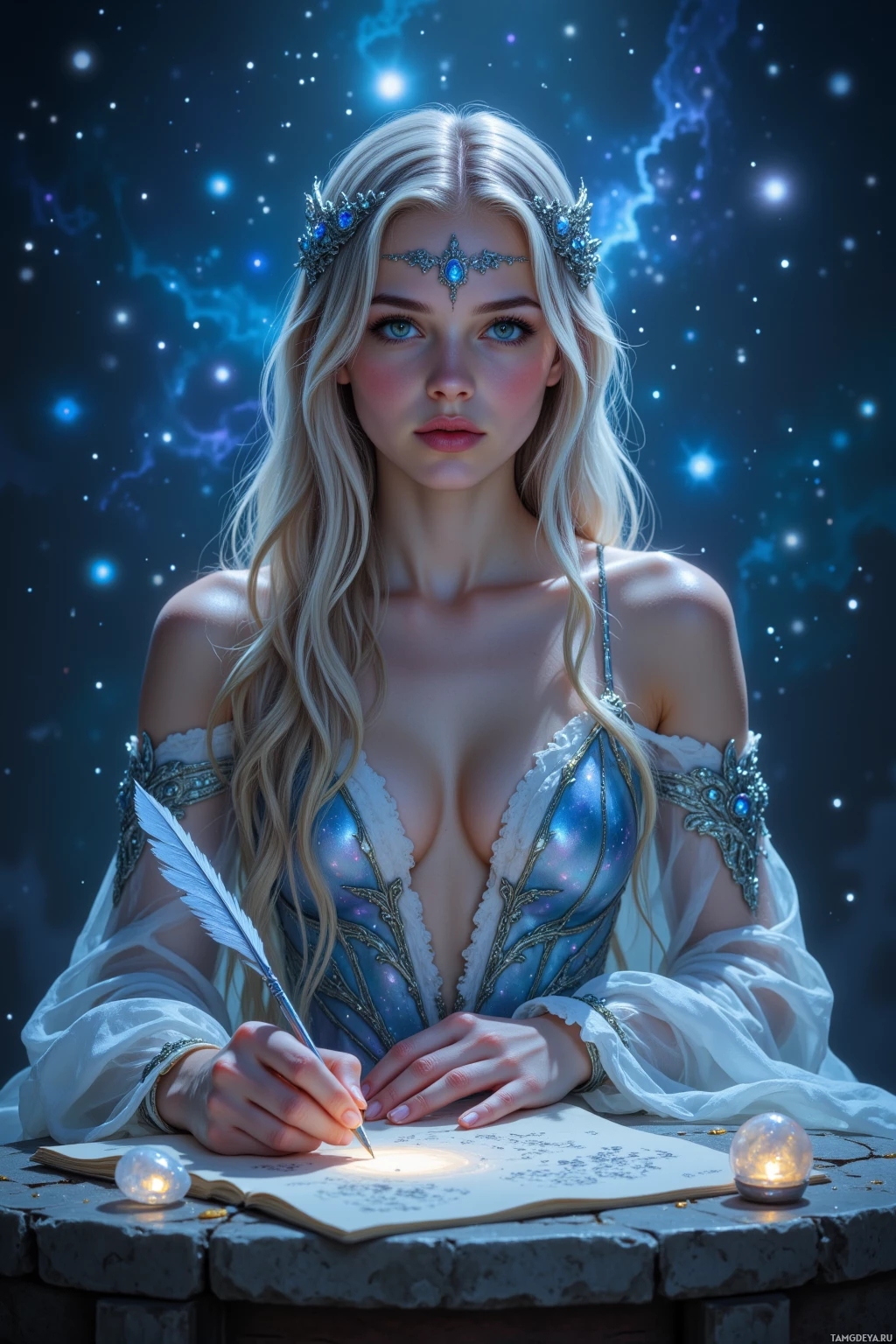 A woman with long blonde hair and a celestial-themed outfit is writing in a book under a starry night sky.