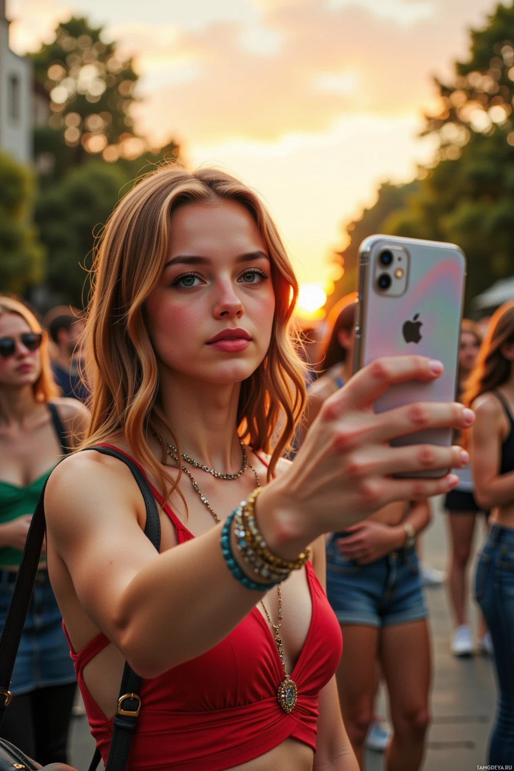 A woman takes a selfie at sunset with a crowd in the background.