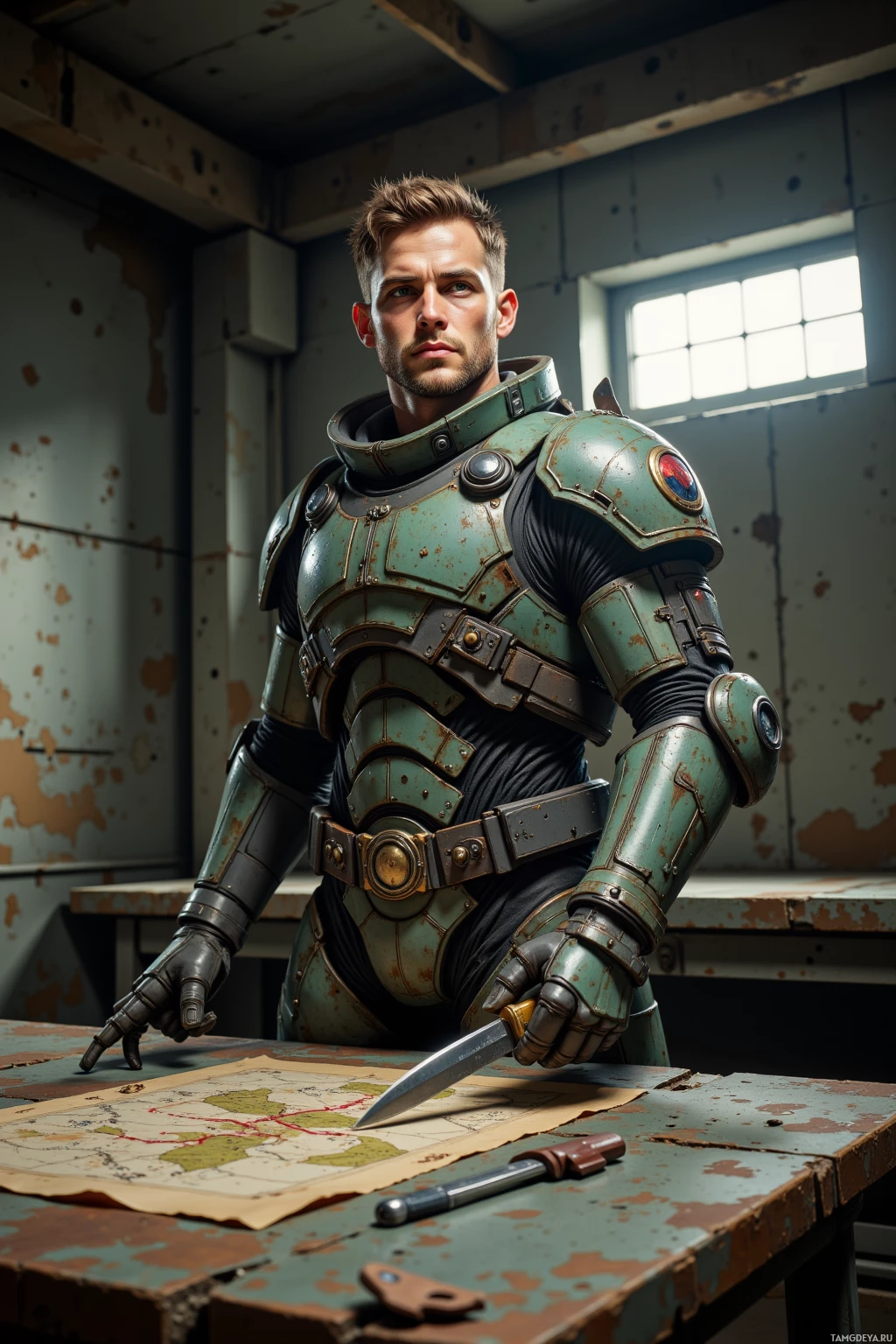 A man in a detailed, futuristic armor stands in a dimly lit, industrial setting, pointing at a map on a table.