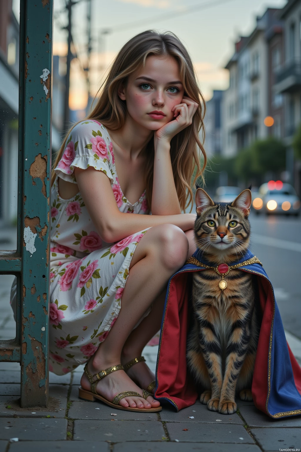 A young woman in a floral dress sits on a sidewalk with a cat dressed in a cape.