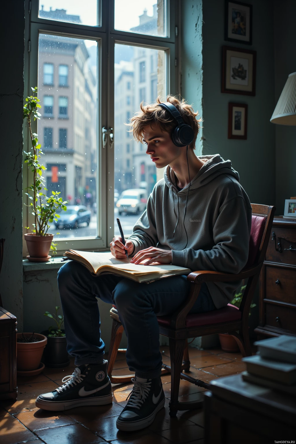 A young person sits by a window, wearing headphones and writing in a notebook.