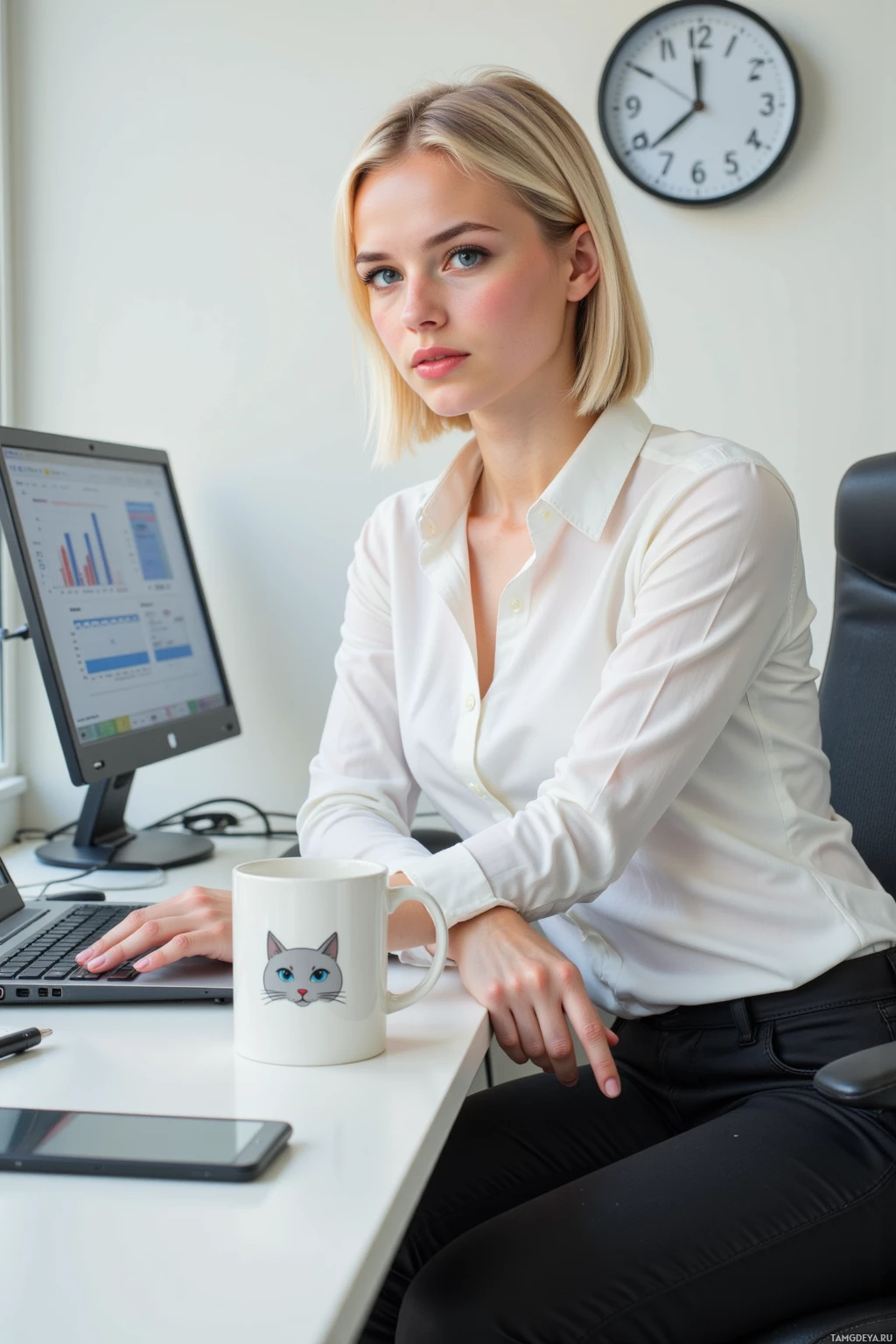 A woman in a white shirt sits at a desk with a computer, holding a mug with a cat design.