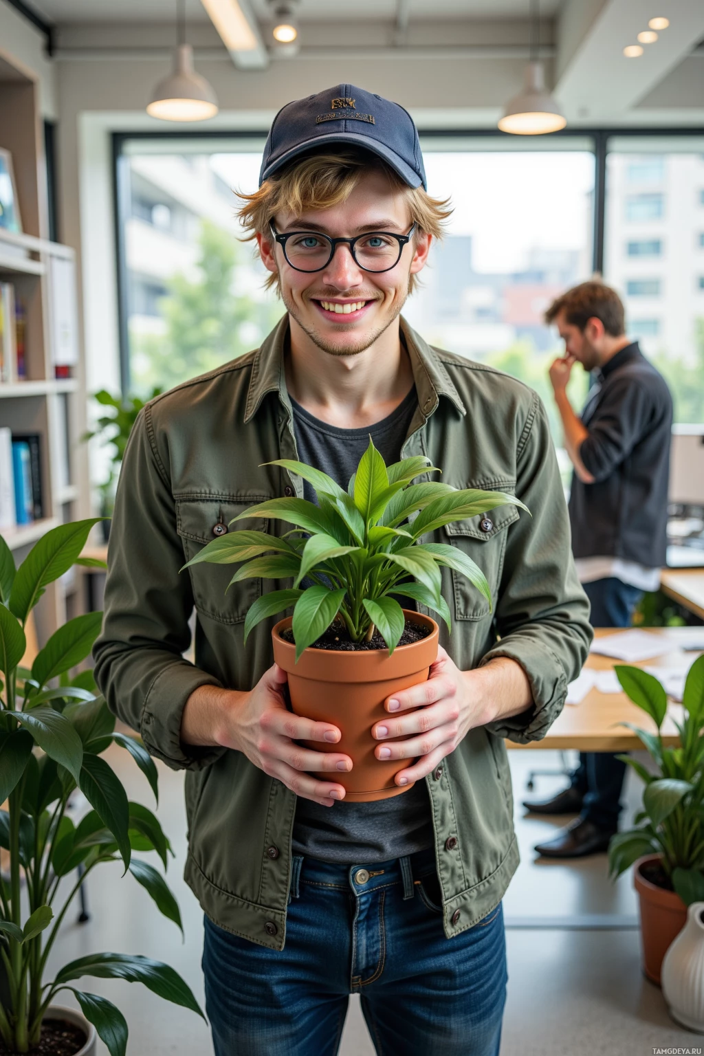 A person in a casual outfit holds a potted plant in an office setting.