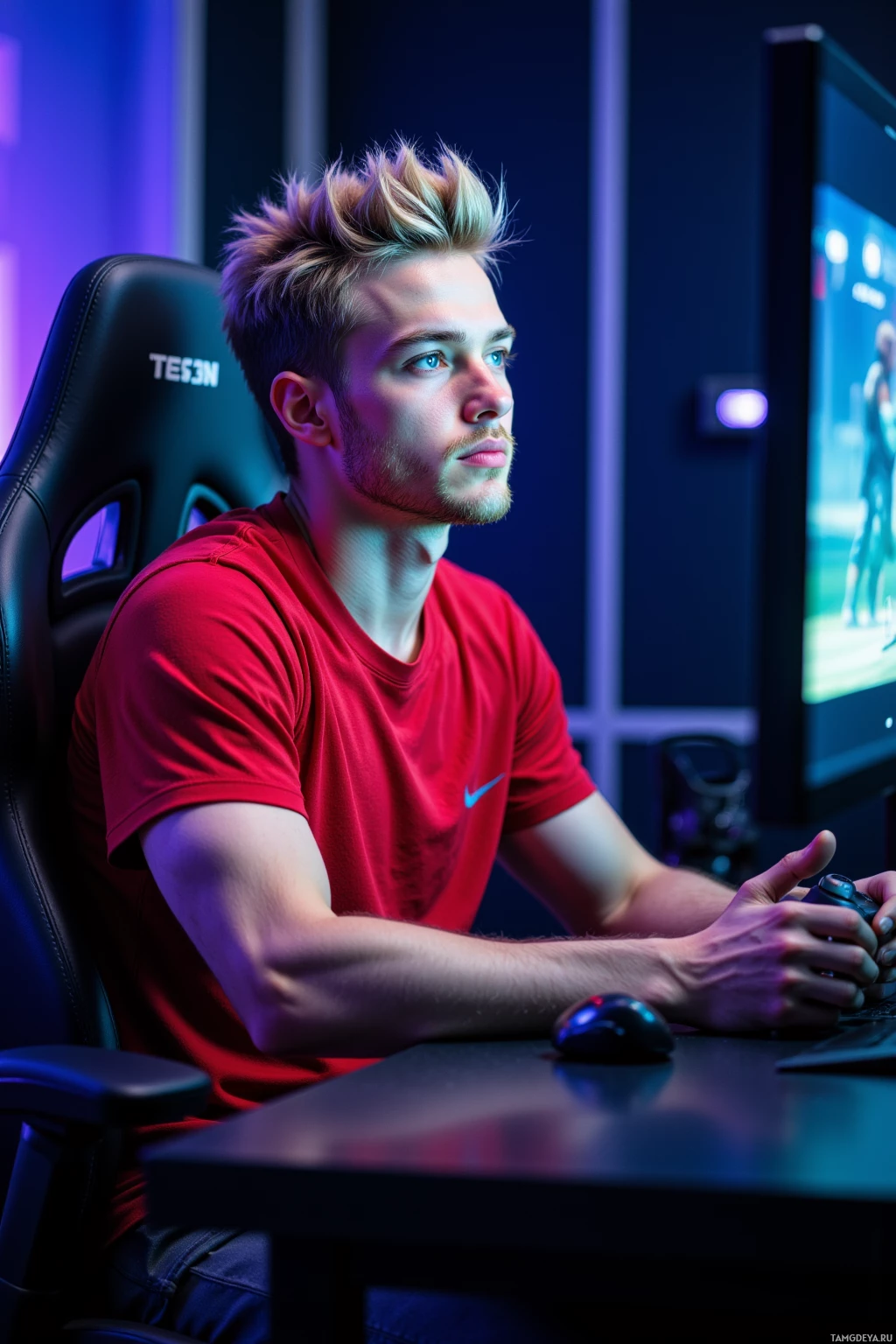 A person in a red shirt sits in a gaming chair, holding a controller, with a monitor displaying a game in the background.