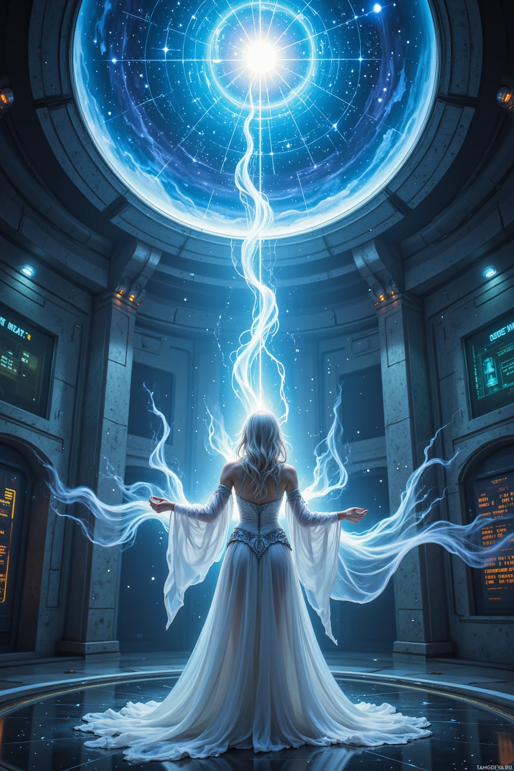 A woman in a flowing white gown stands in a futuristic room, her arms outstretched as energy streams upwards from her hands.
