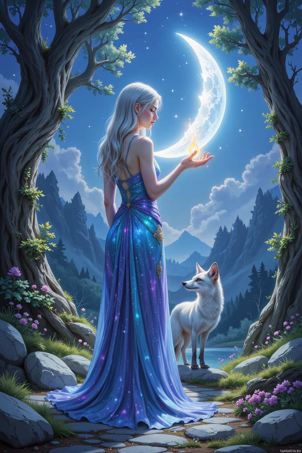 A woman in a blue gown stands beside a white wolf under a crescent moon in a serene forest setting.