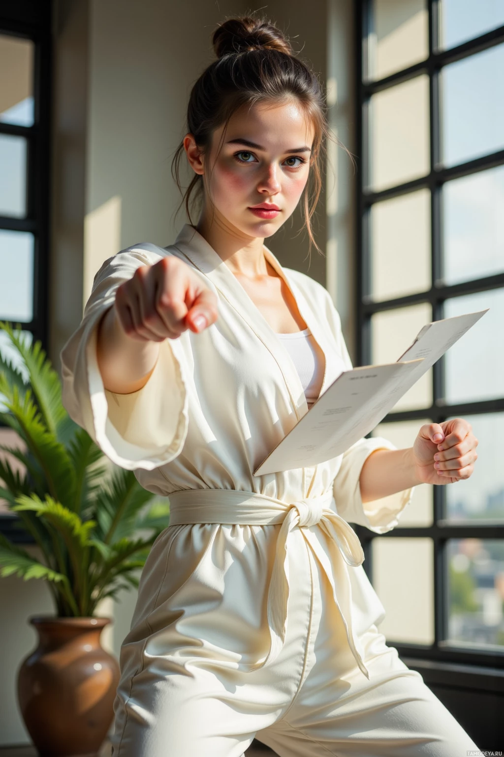A woman in a white kimono points forward while holding a document, with a window and plant in the background.