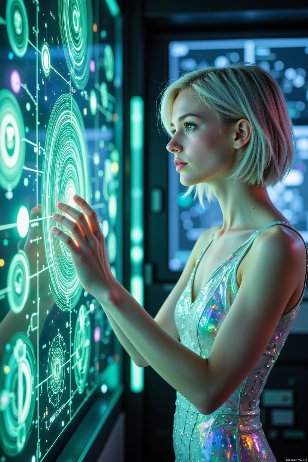 A woman in a shimmering dress interacts with a futuristic, illuminated interface.