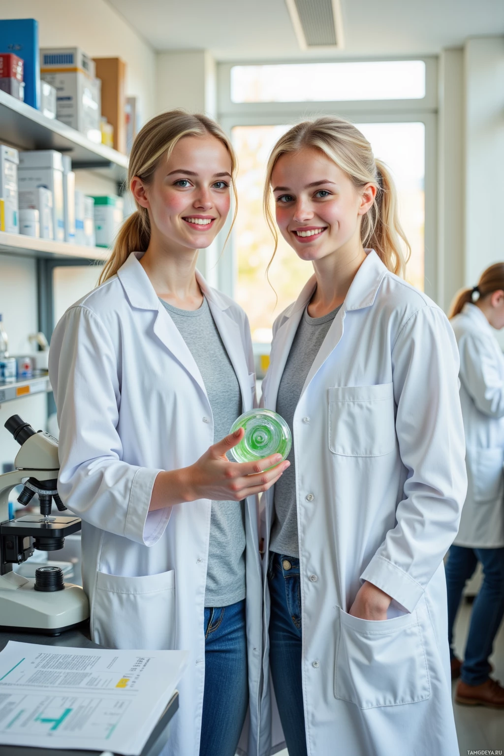 Two individuals in lab coats stand in a laboratory setting, smiling.