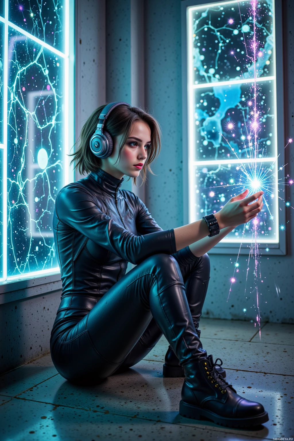 A person in a leather outfit sits by a window with glowing neon lights and sparkles.