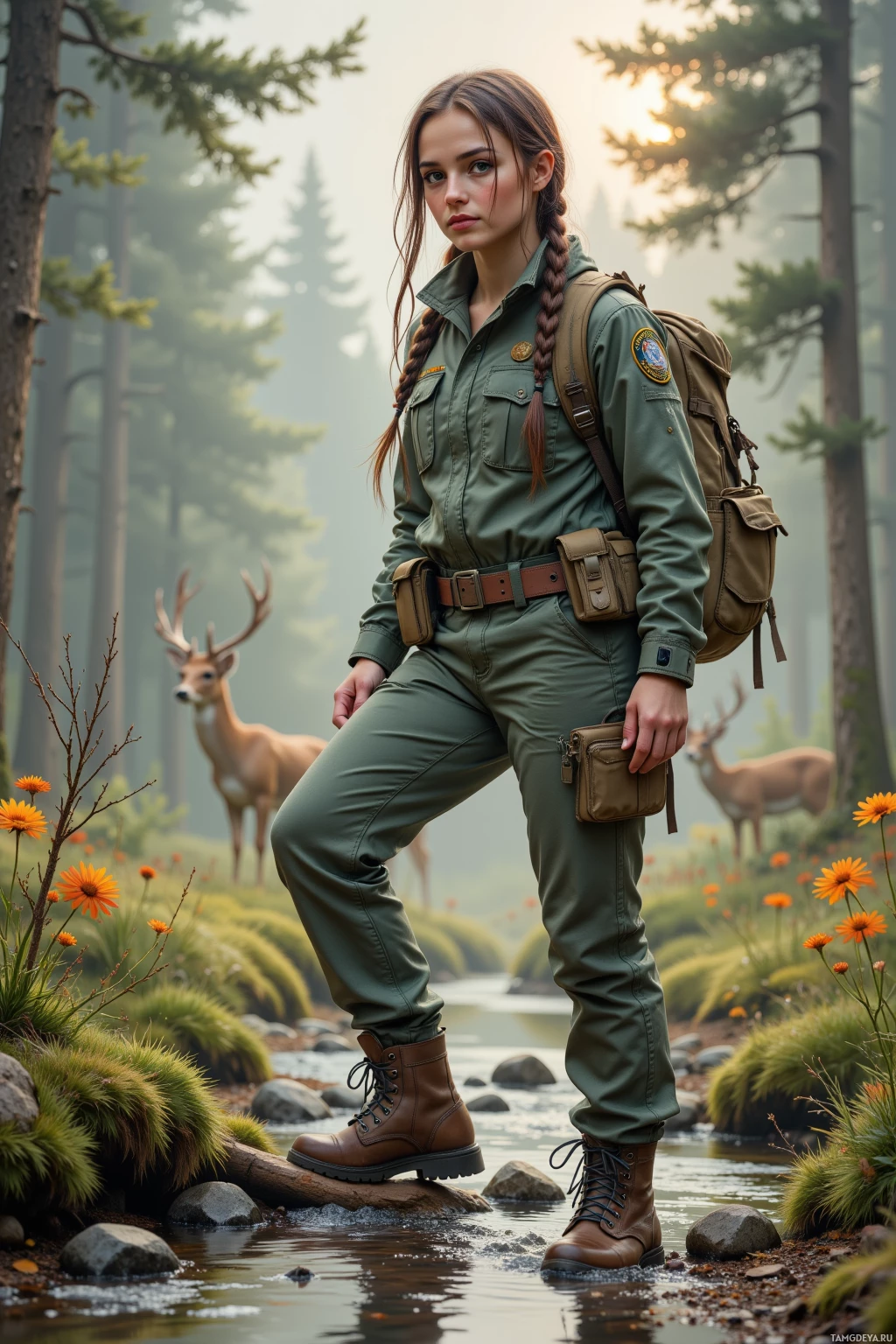 A woman in a forest setting, wearing a green uniform and carrying a backpack, with a deer and a stream in the background.
