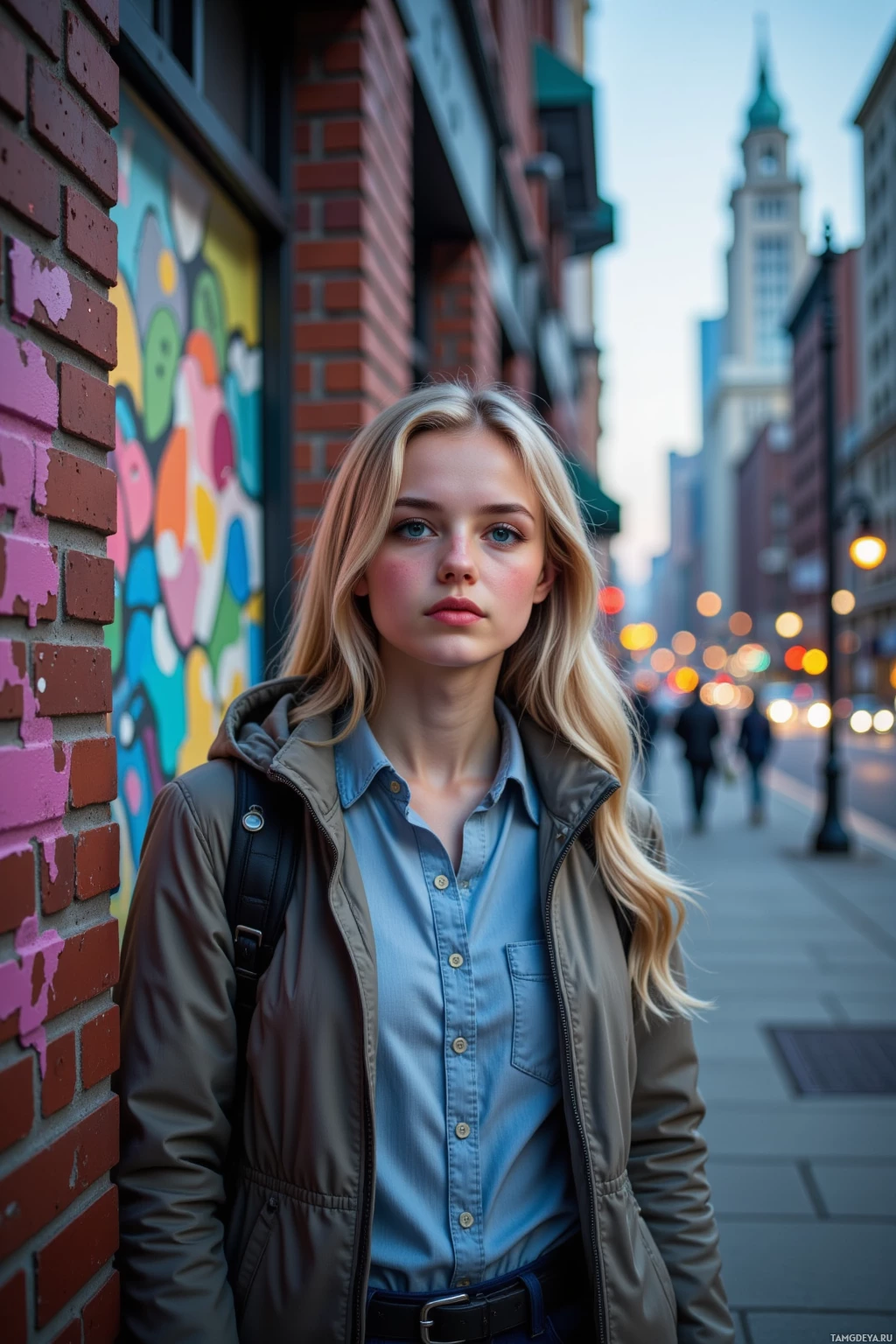 A young woman stands on a city street, leaning against a brick wall with colorful graffiti.