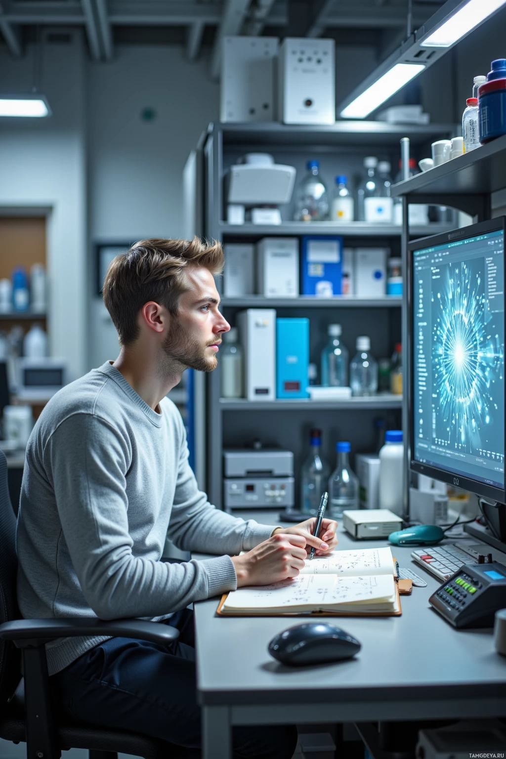 A man is working at a desk in a laboratory, taking notes while looking at a computer screen displaying a scientific interface.