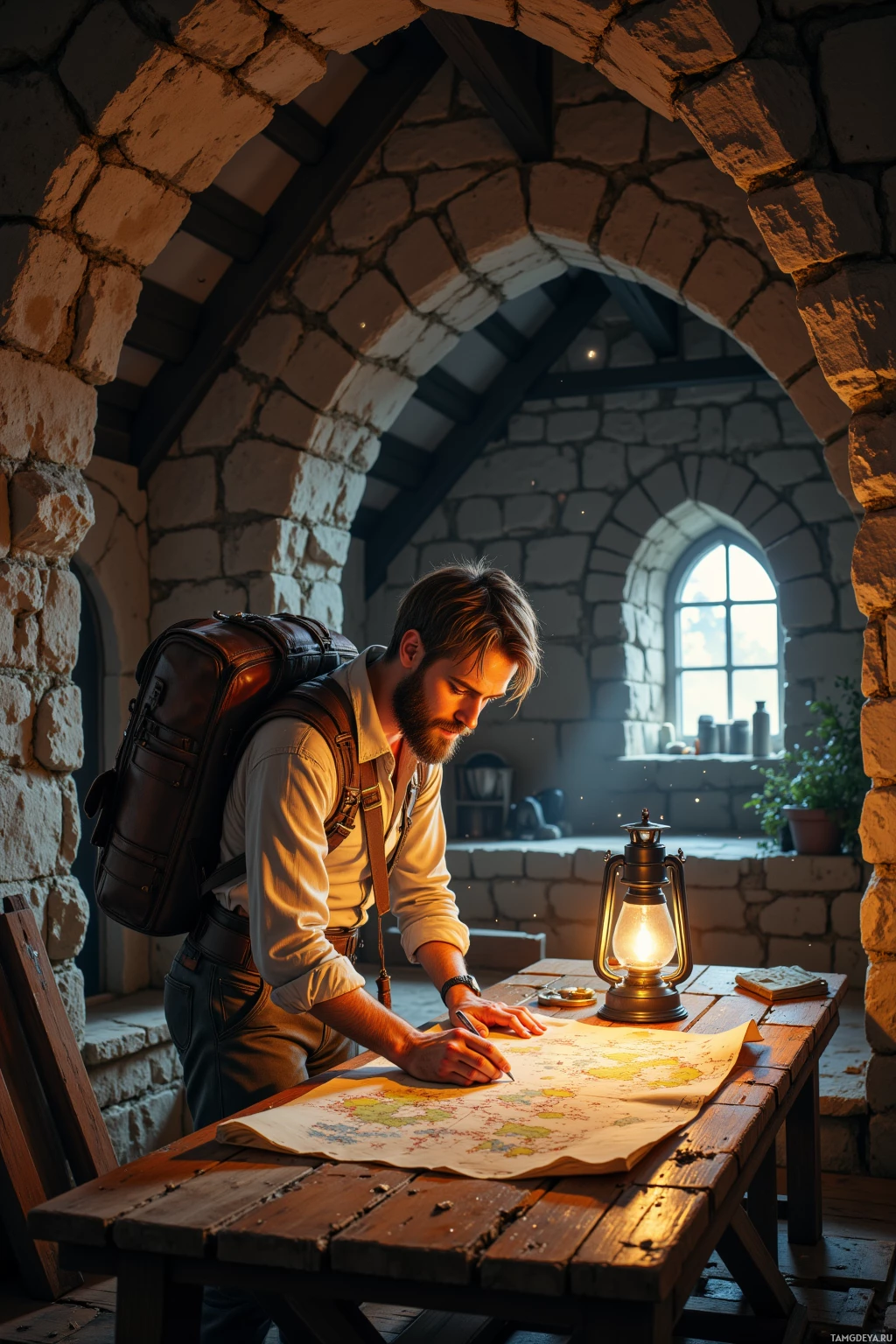 A man with a backpack is writing on a map in a stone room illuminated by a lantern.
