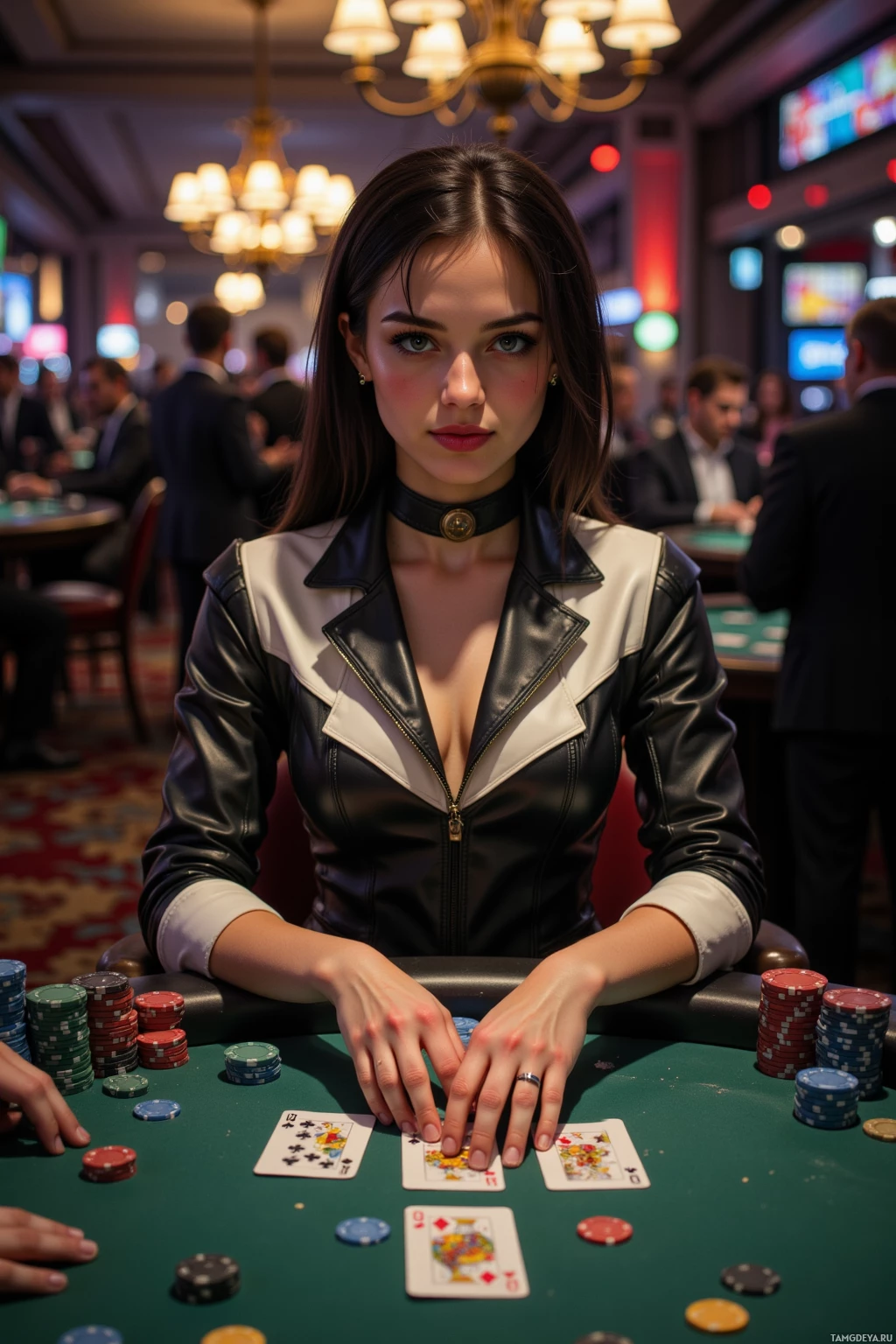 A woman in a leather jacket sits at a poker table with playing cards and chips.