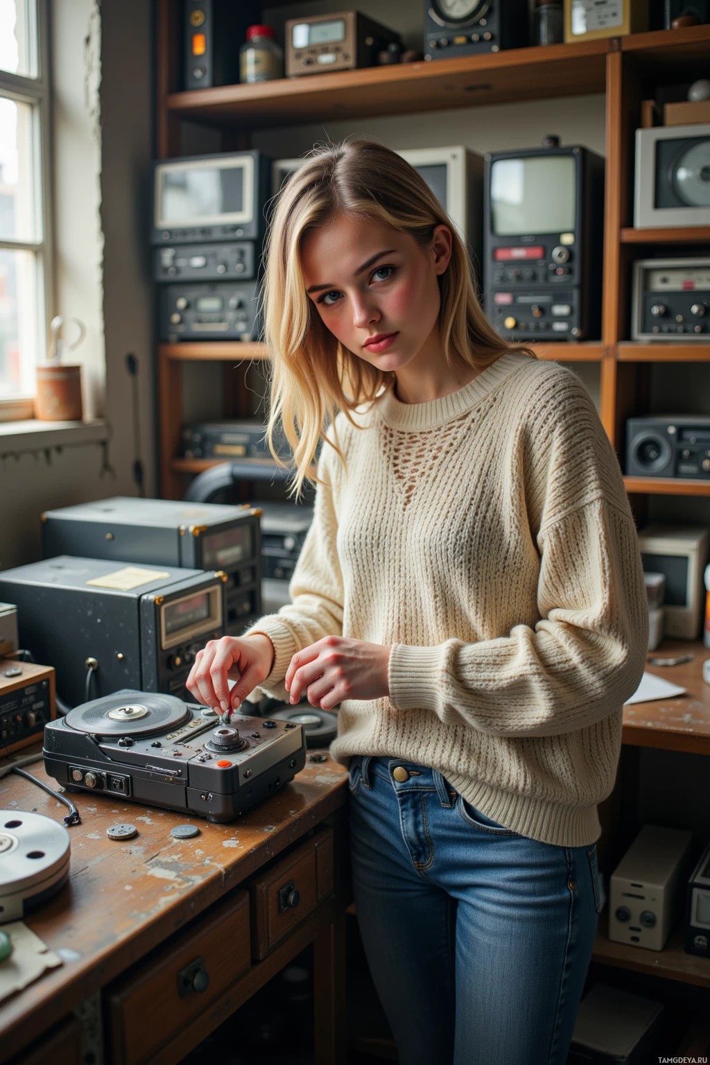 A person in a cozy sweater and jeans stands in a room filled with vintage electronic equipment.