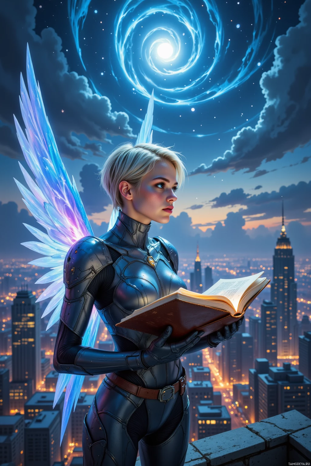 A figure with wings and armor holds an open book, overlooking a cityscape at dusk.
