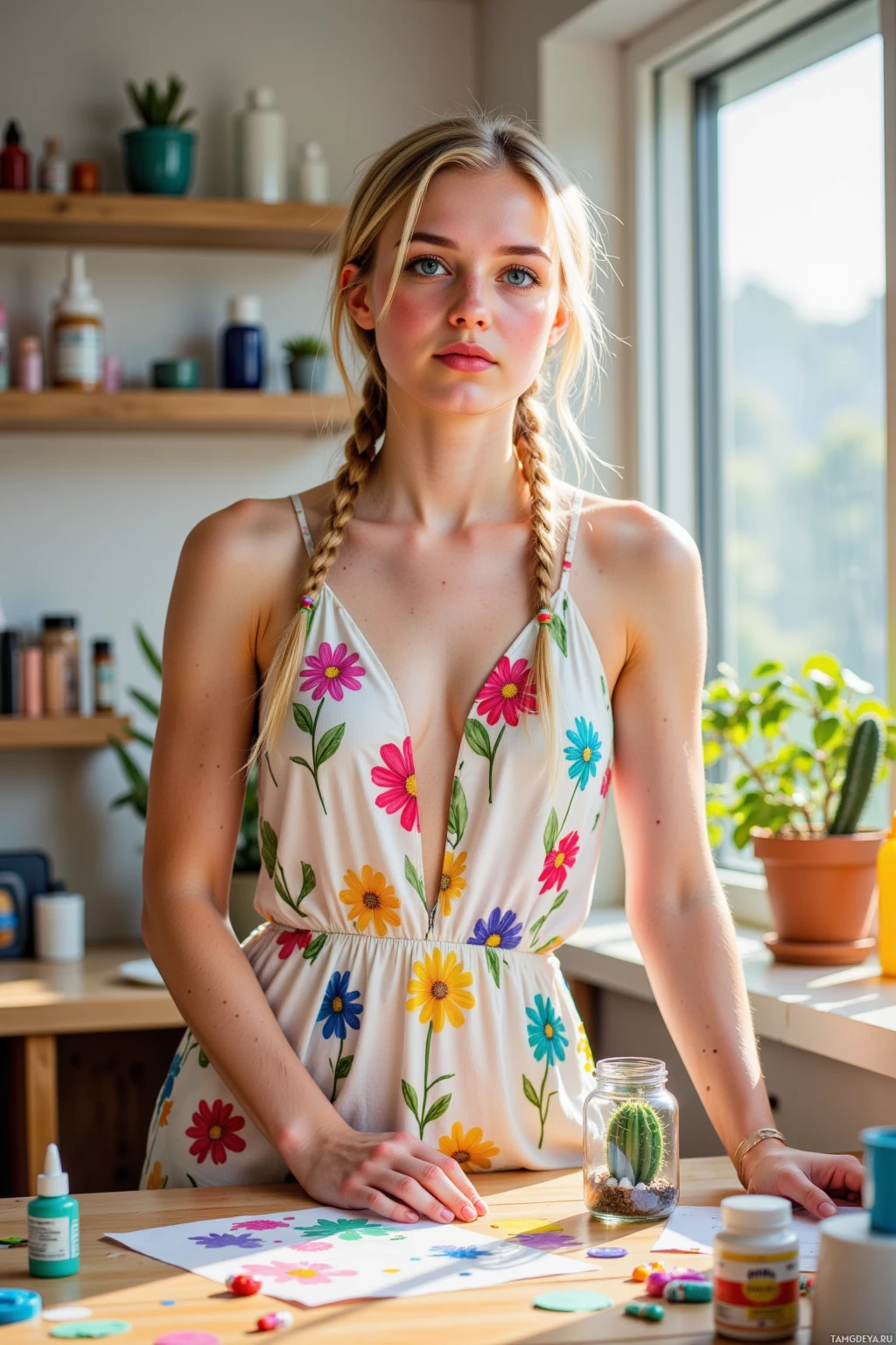 A woman in a floral dress stands in a brightly lit room with a table full of craft supplies.