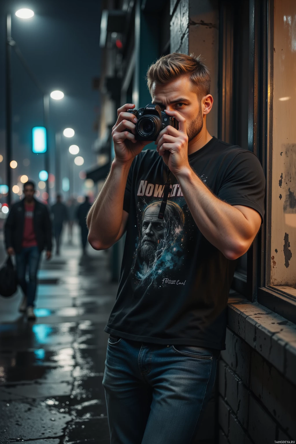 A man stands on a wet street at night, holding a camera and looking through the viewfinder.