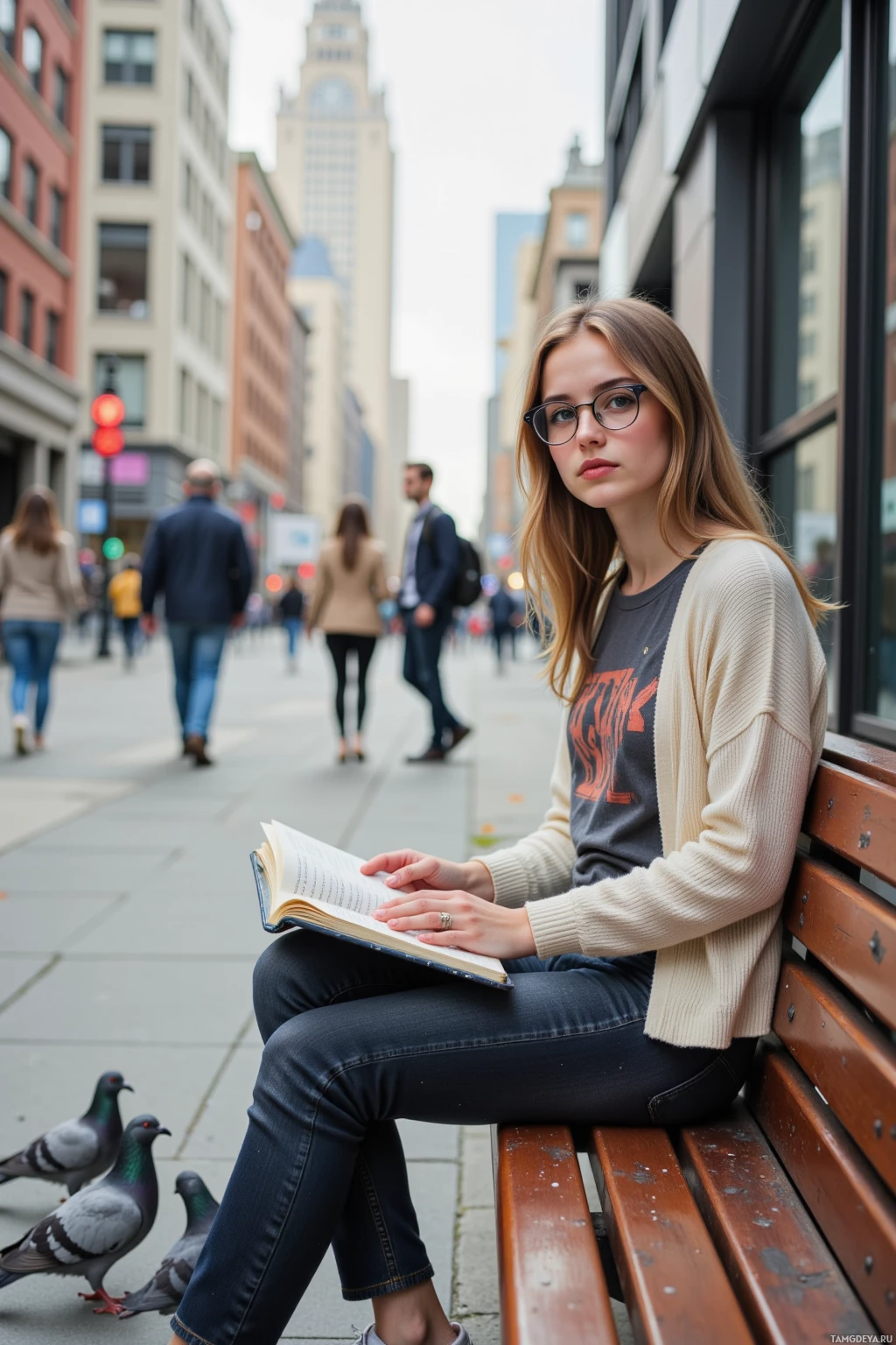 A woman sits on a bench reading a book in a busy urban setting.