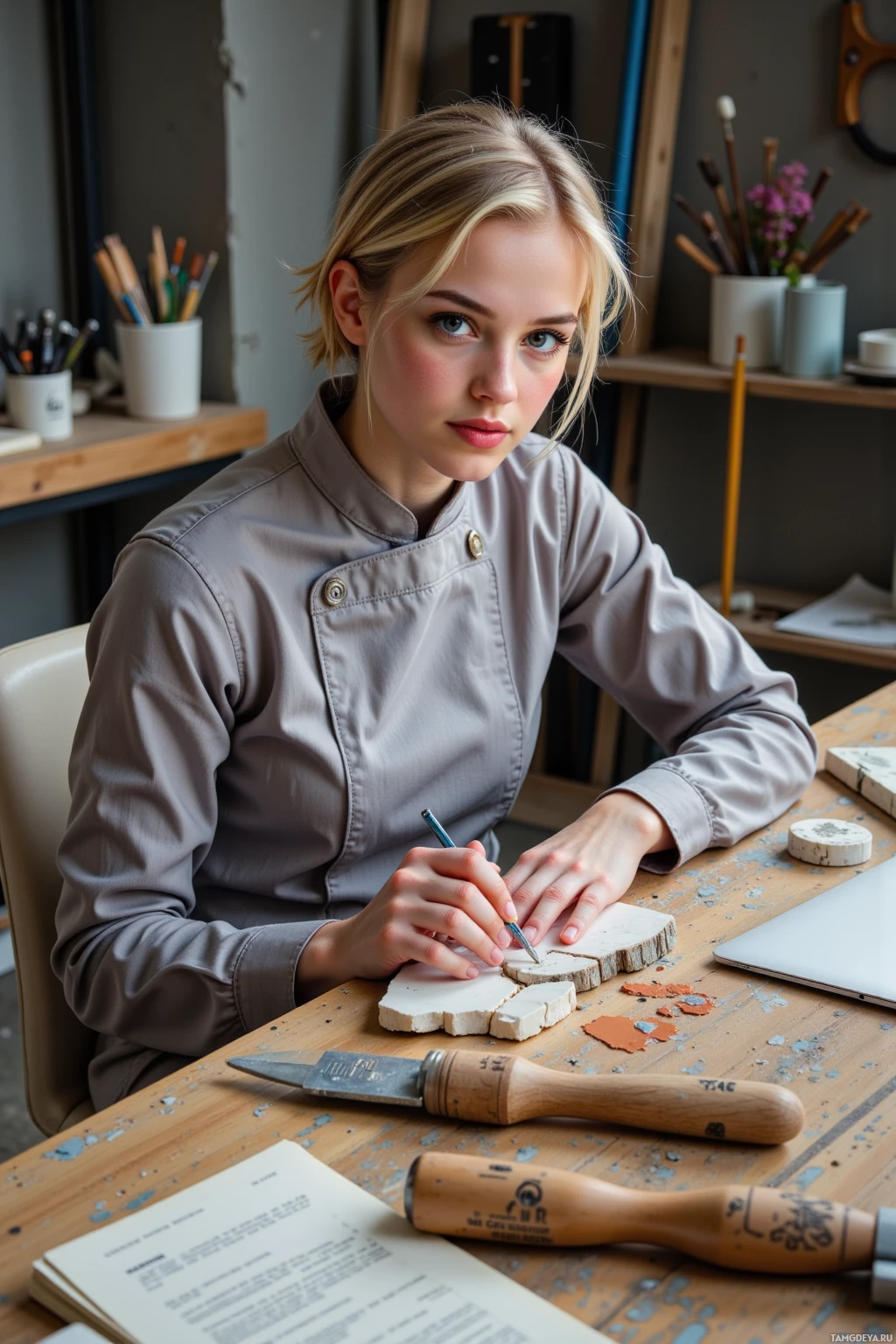 A person is sitting at a desk, working with a knife on a piece of wood.